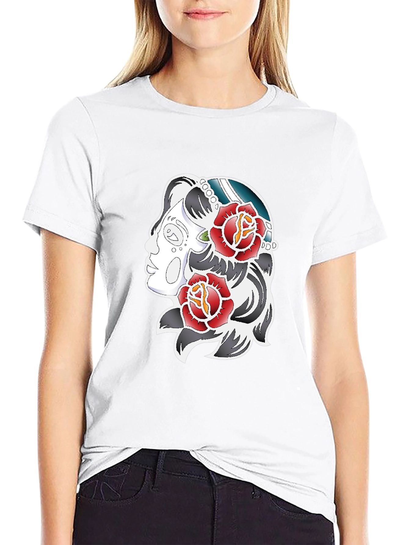 Rose Tattoo Graphic Print Tee - Black