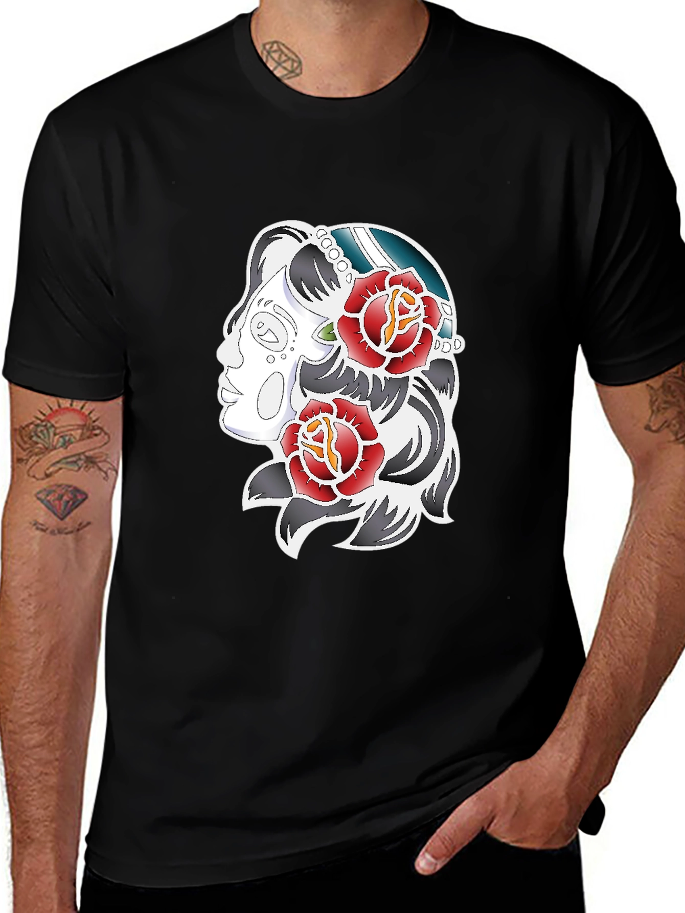 Rose Tattoo Graphic Print Tee - Black