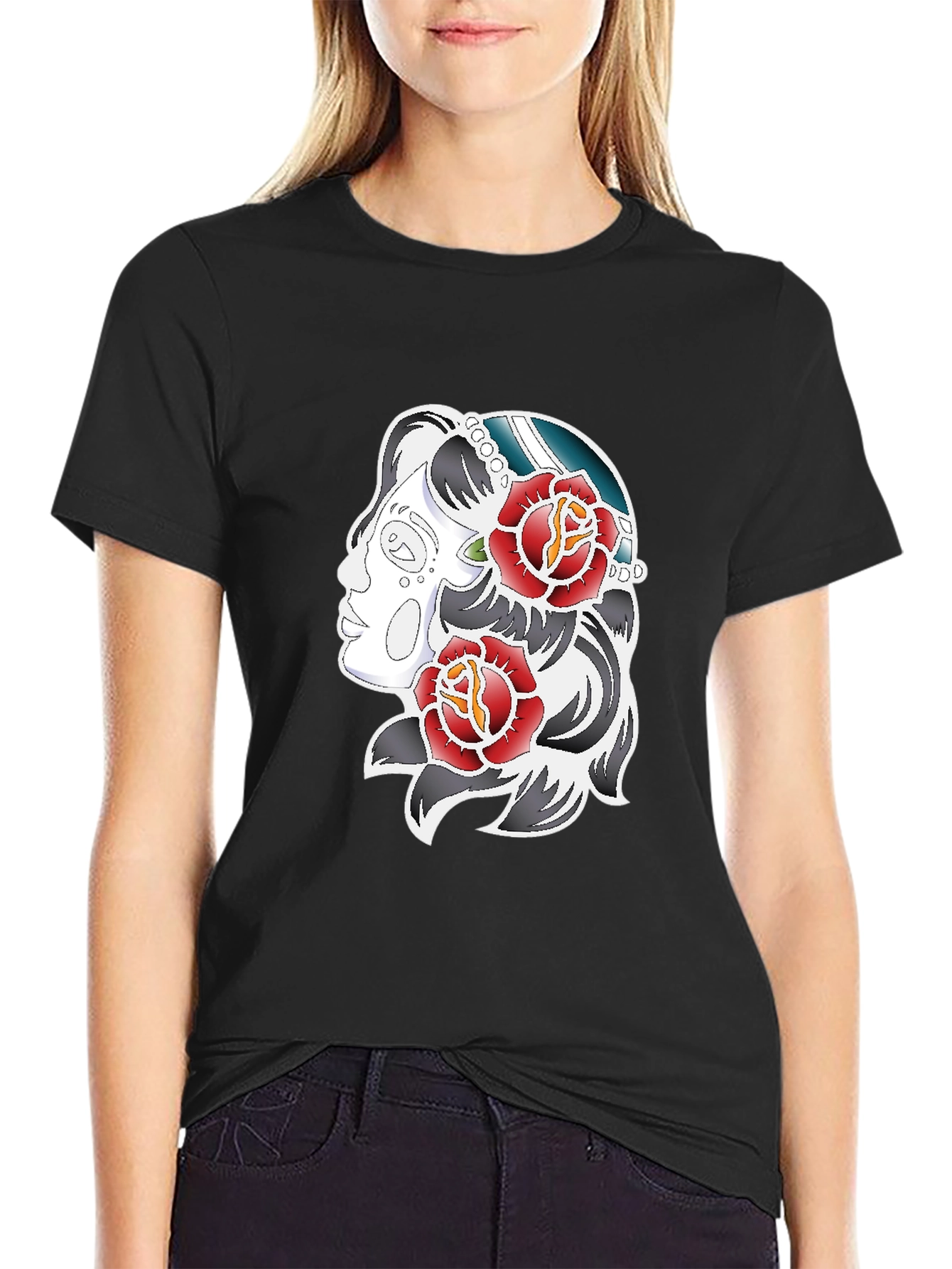 Rose Tattoo Graphic Print Tee - Black