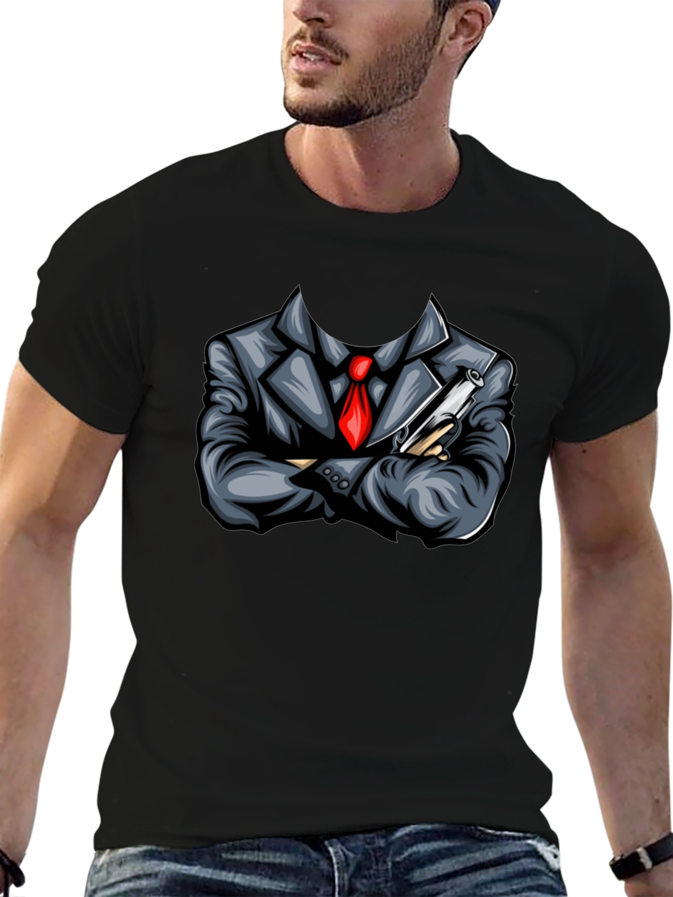 Suit & Gun Graphic Tee - Bold Black T-Shirt