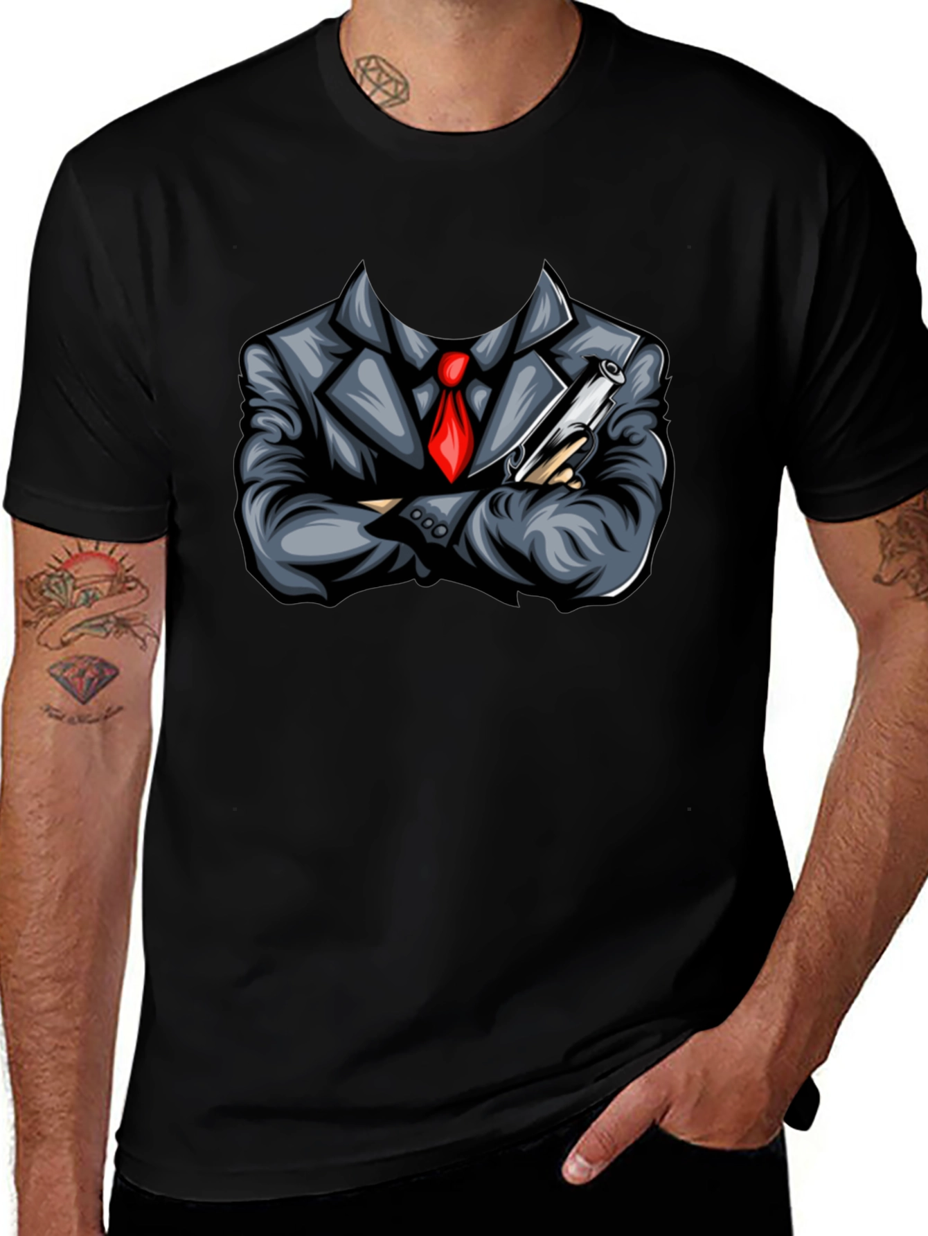 Suit & Gun Graphic Tee - Bold Black T-Shirt