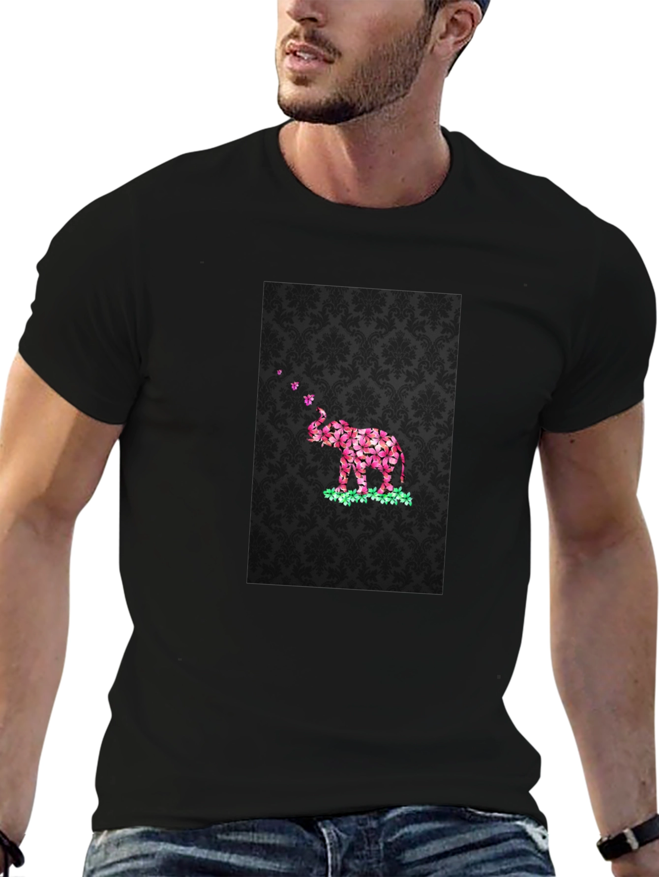 Floral Elephant Graphic Print Black T-Shirt