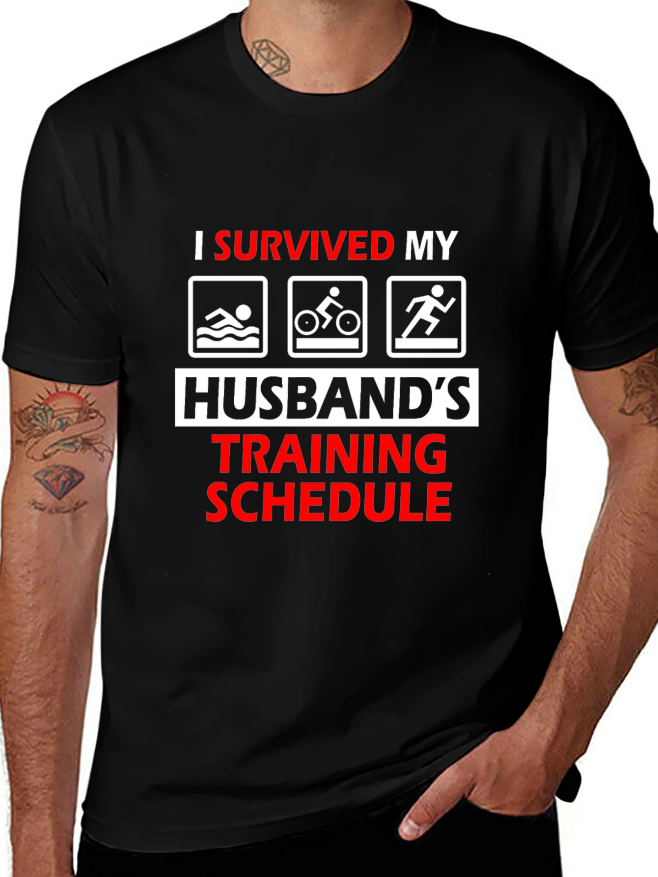 Humorous I Survived Husbands Triathlon Training T-Shirt