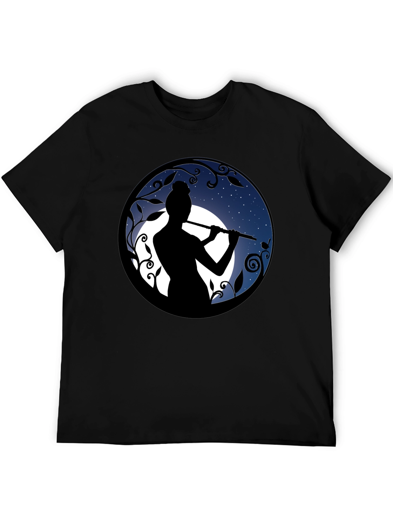 Flute Player Silhouette Graphic Black T-Shirt
