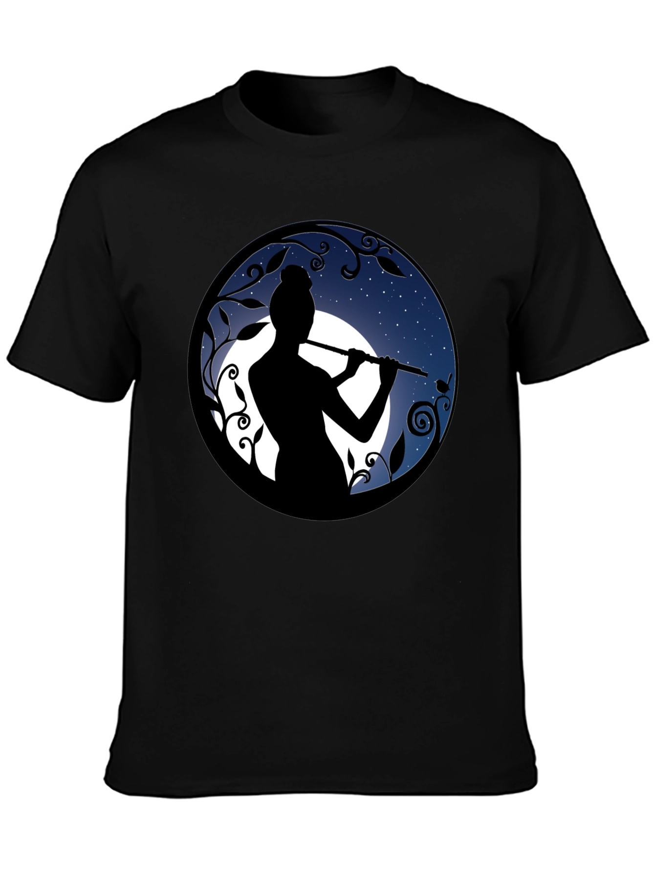 Flute Player Silhouette Graphic Black T-Shirt