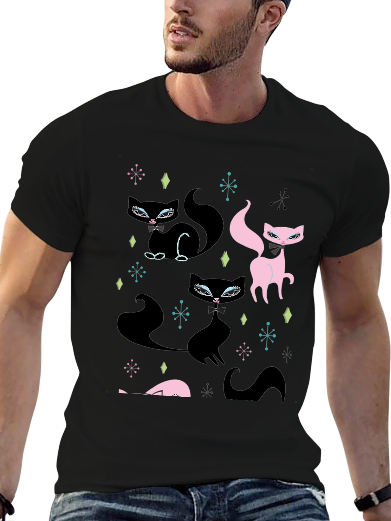 Retro Cat Pattern Black T-Shirt