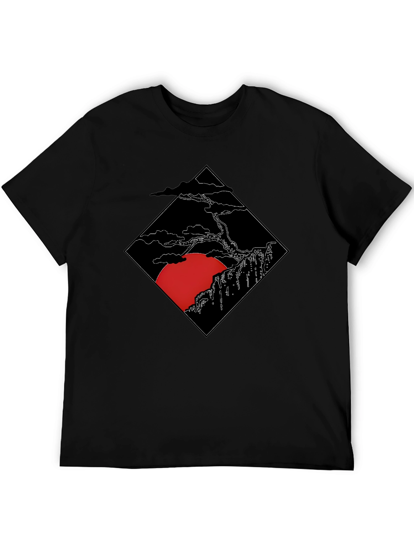 Mens Black T-Shirt with Japanese Sunset Design