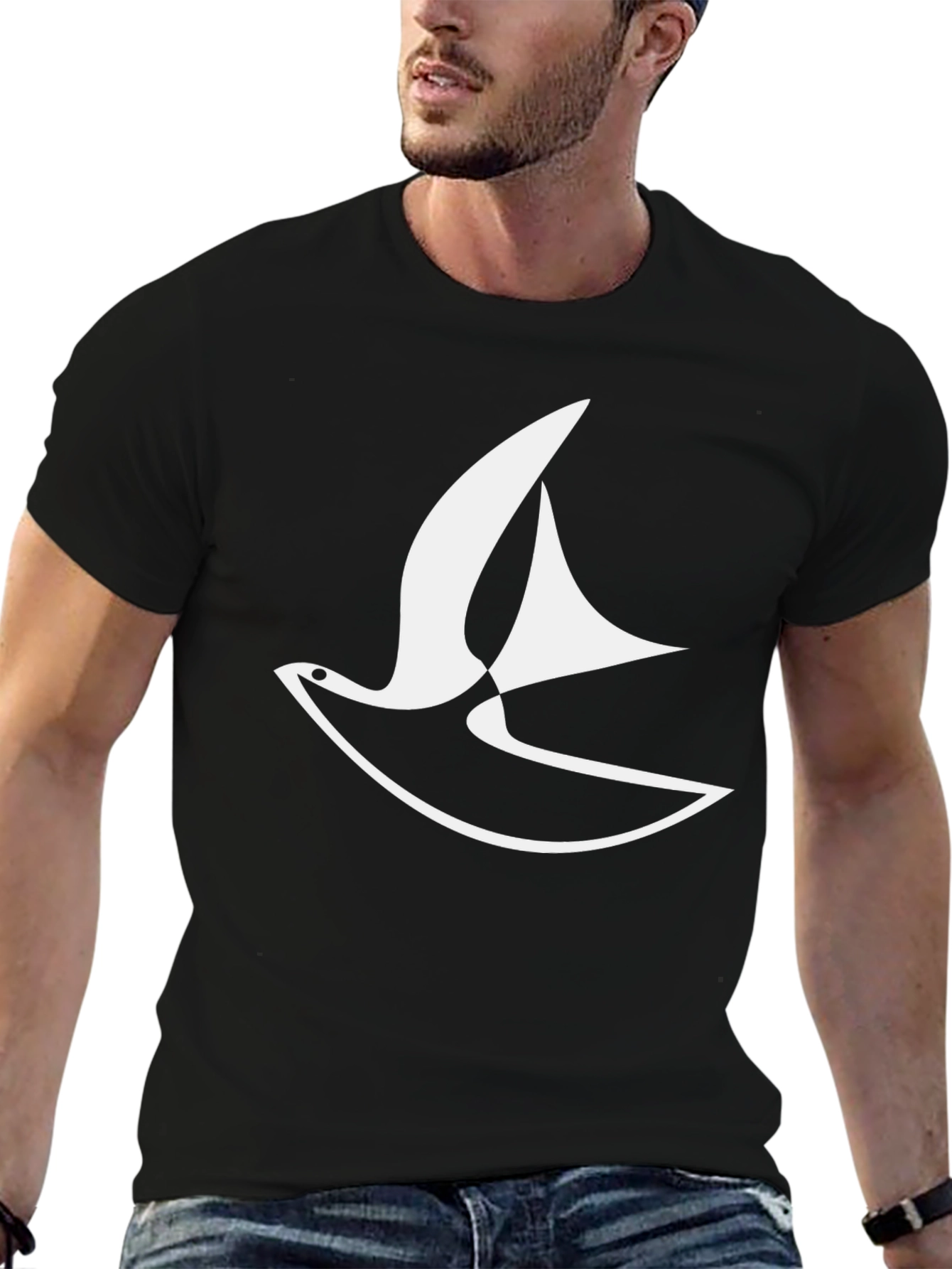 Stylish Black Tee with Abstract Bird Design
