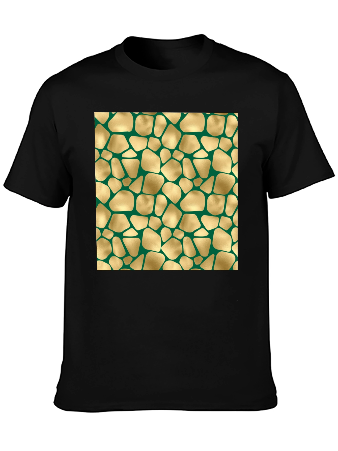 Abstract Gold & Green Patterned Black T-Shirt