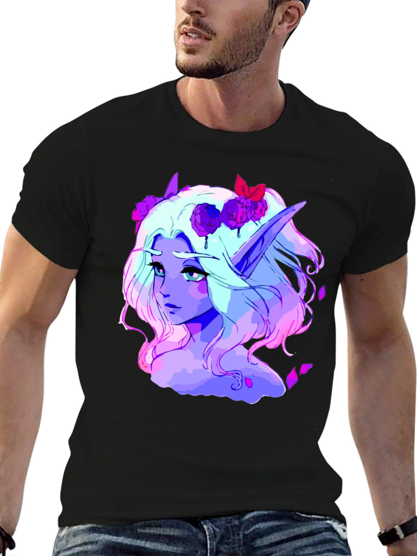 Elf Portrait Graphic Tee - Black Cotton Shirt