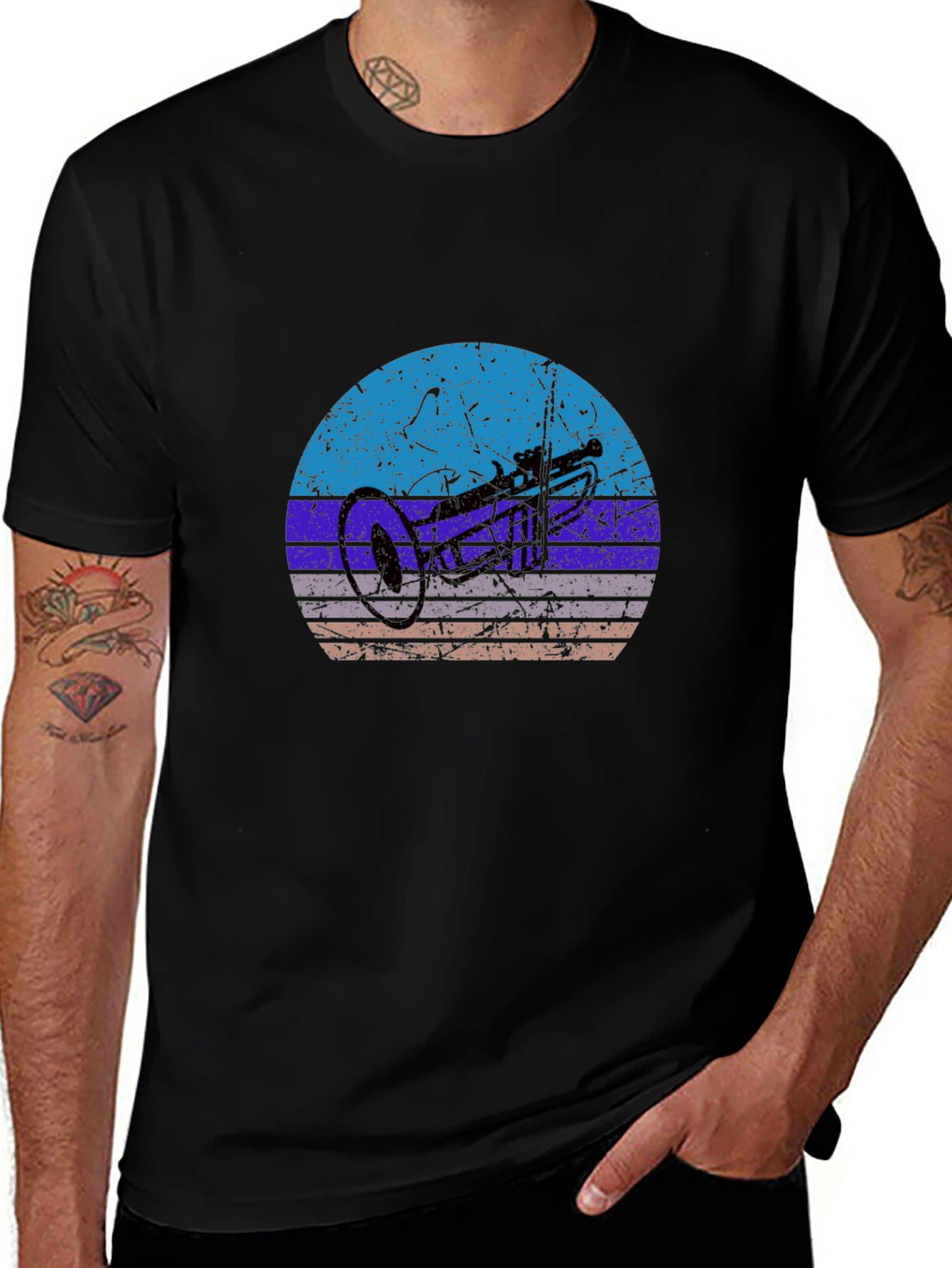 Retro Trumpet Graphic Tee - Black Cotton T-Shirt