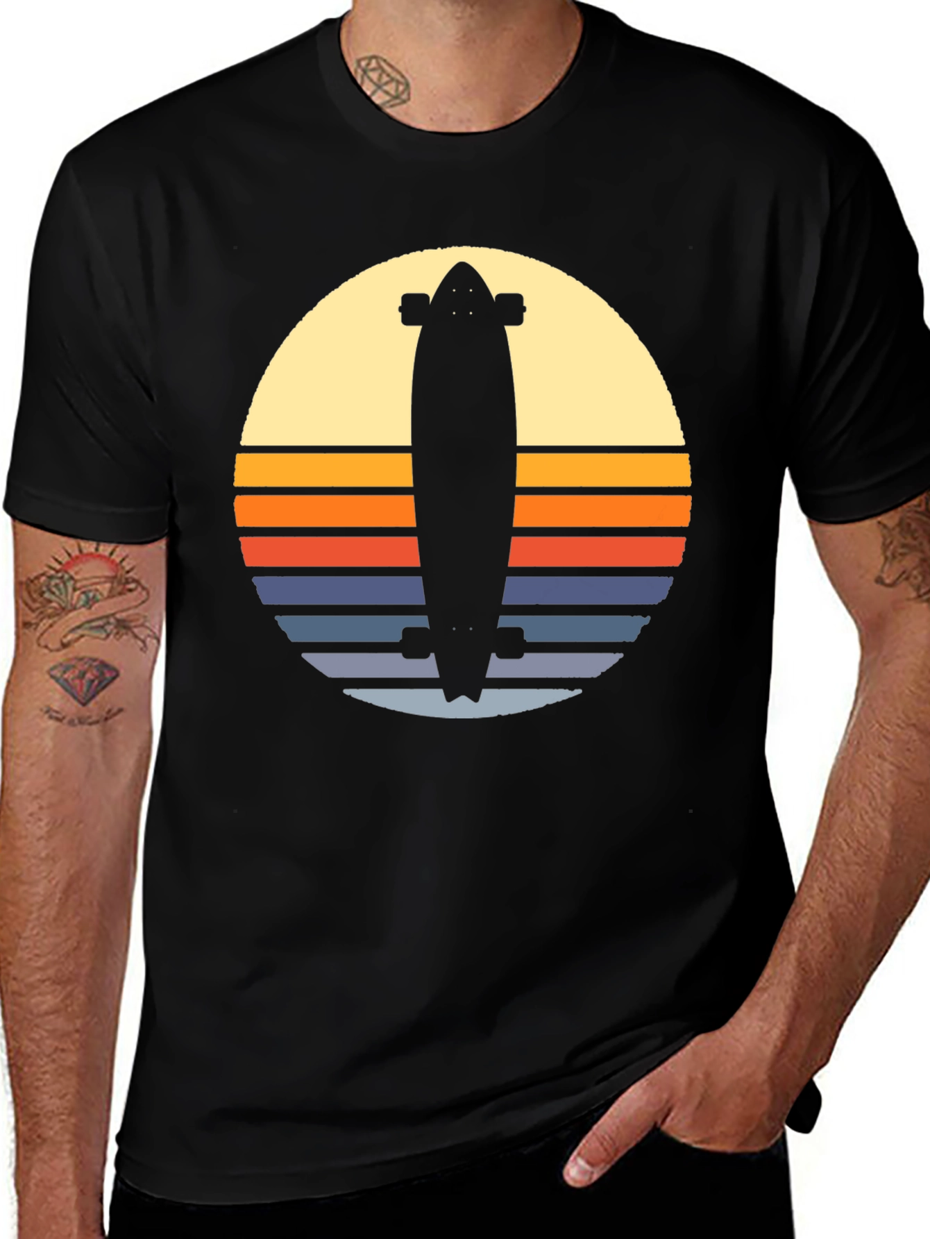 Retro Skateboard Sunset Graphic Tee - Black