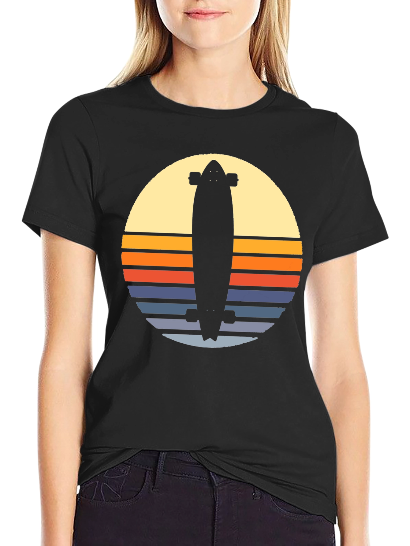 Retro Skateboard Sunset Graphic Tee - Black