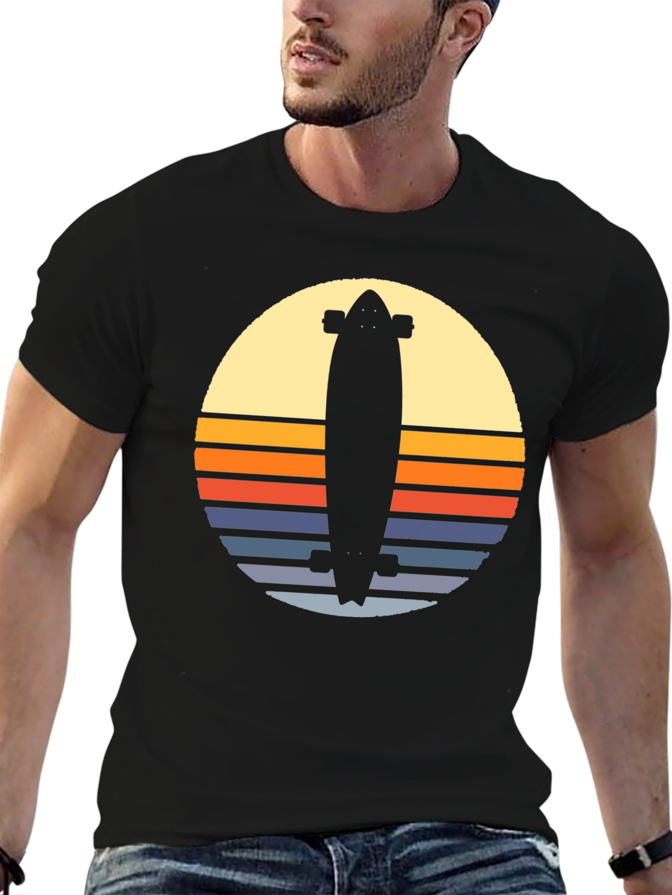 Retro Skateboard Sunset Graphic Tee - Black