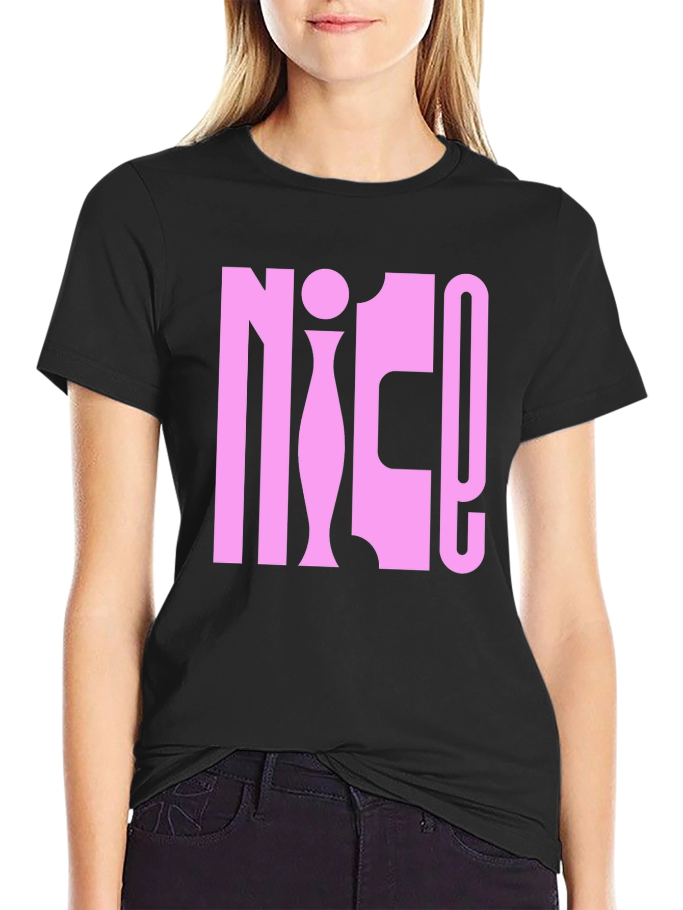 NICE! Pink Graphic Print Black T-Shirt