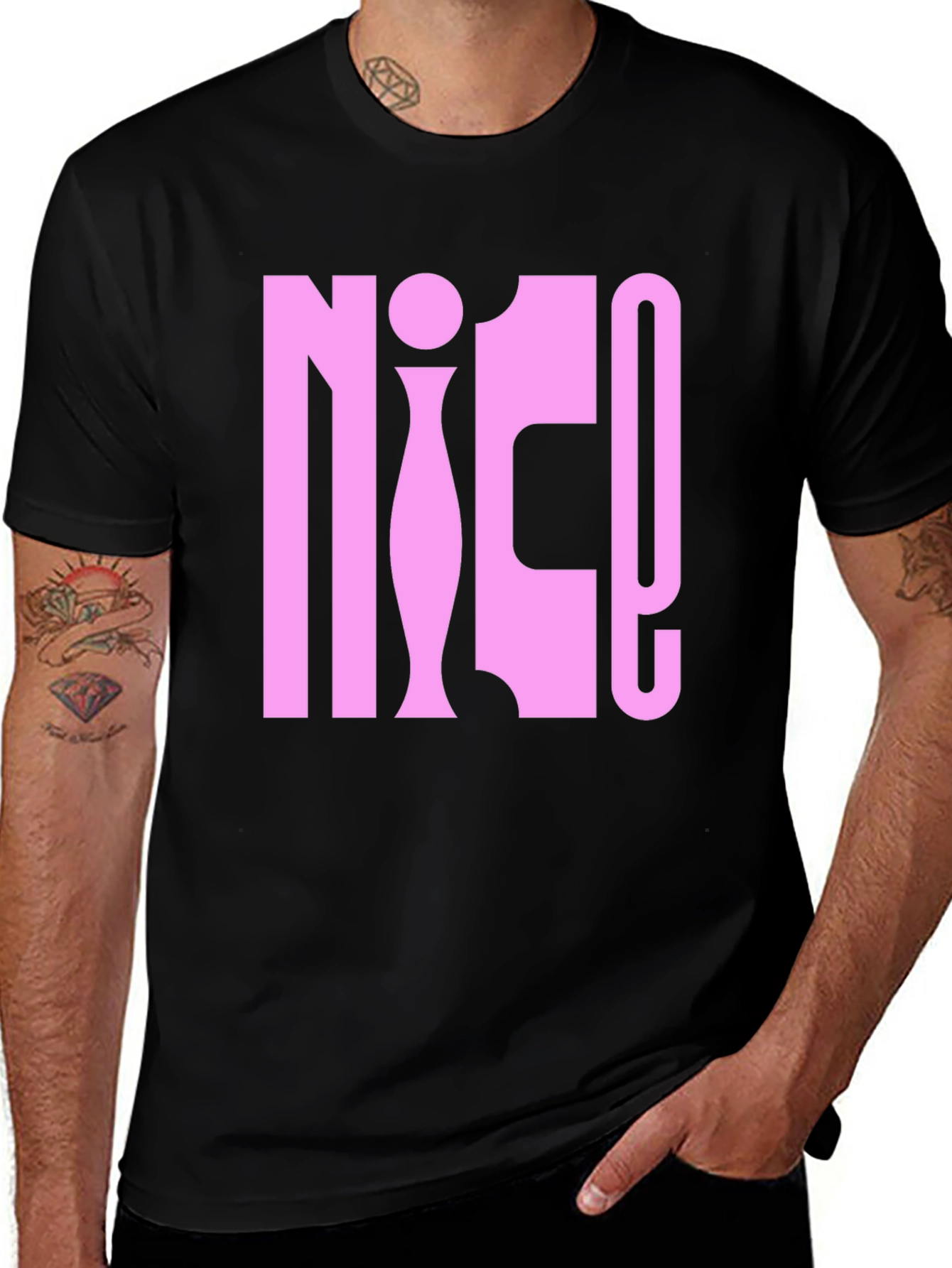 NICE! Pink Graphic Print Black T-Shirt
