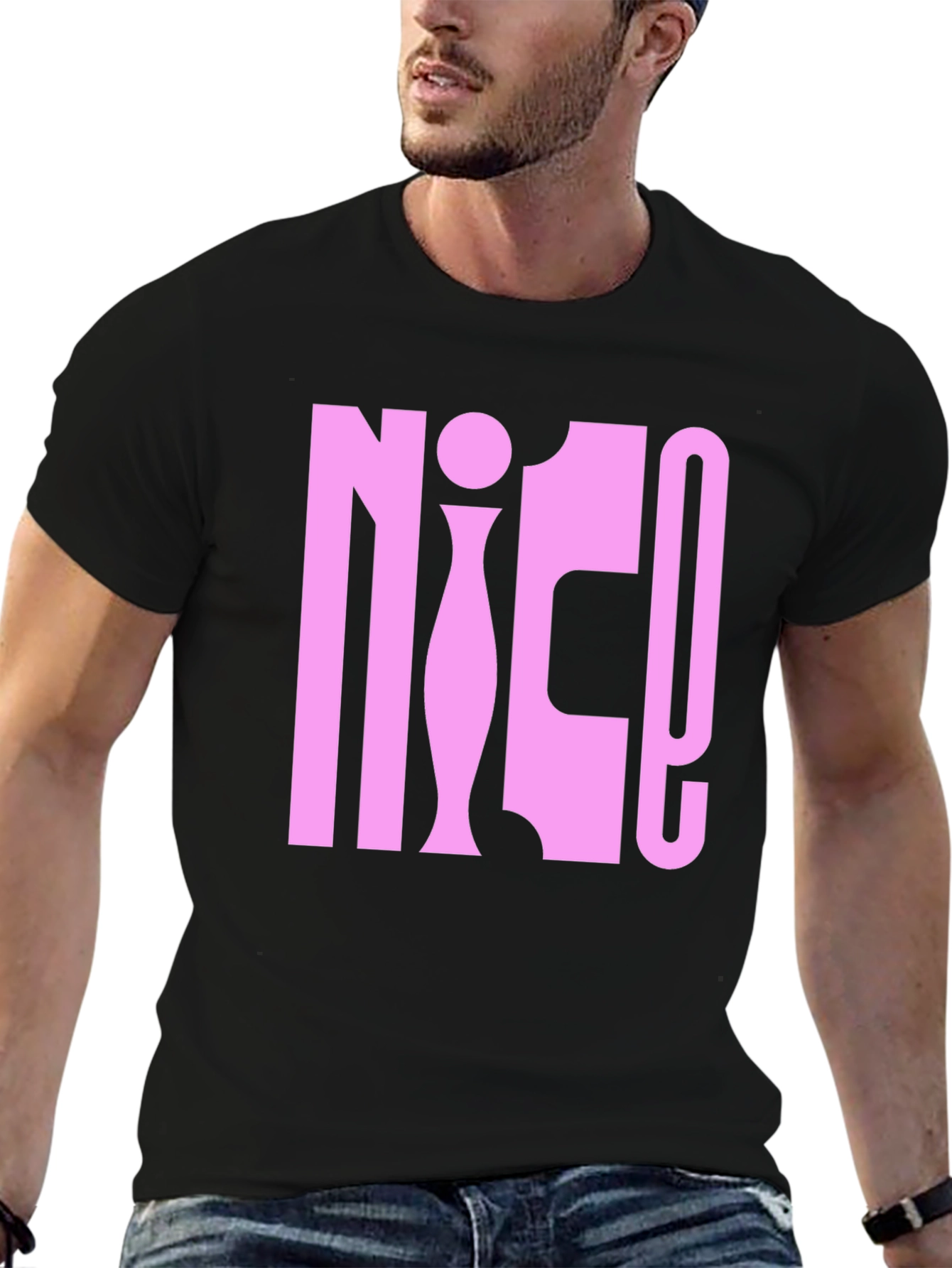 NICE! Pink Graphic Print Black T-Shirt