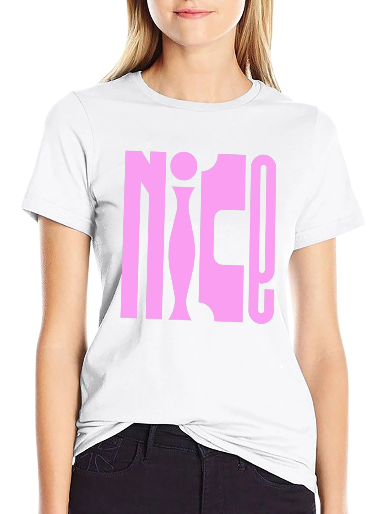 NICE! Pink Graphic Print Black T-Shirt