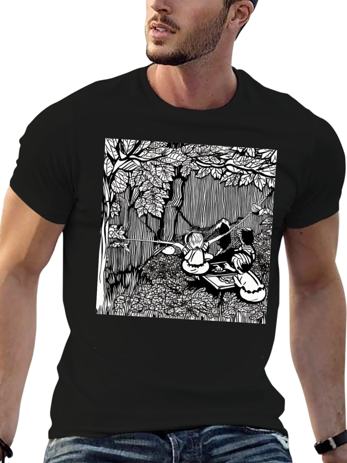 Unique Black T-Shirt with Detailed Graphic Design