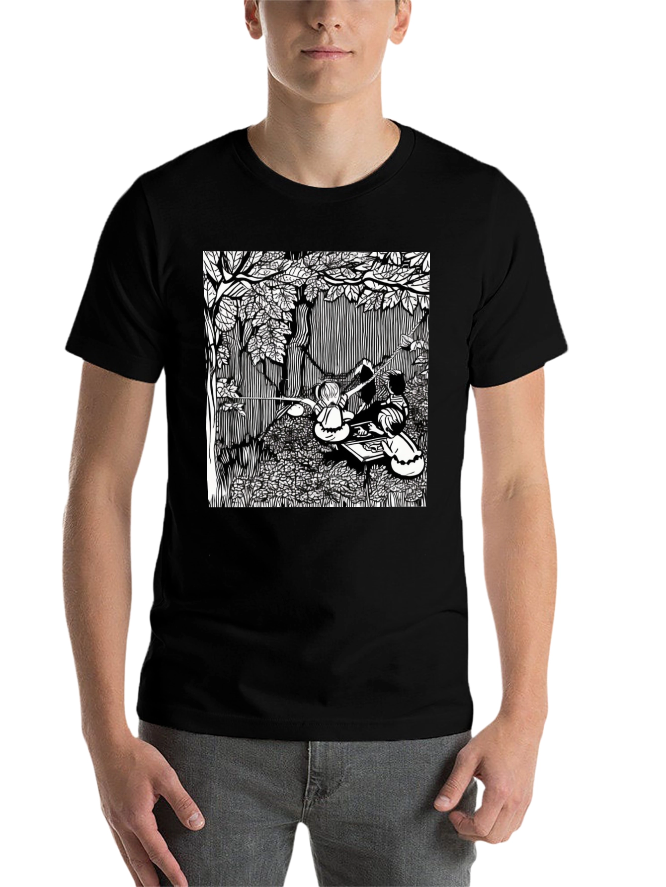 Unique Black T-Shirt with Detailed Graphic Design