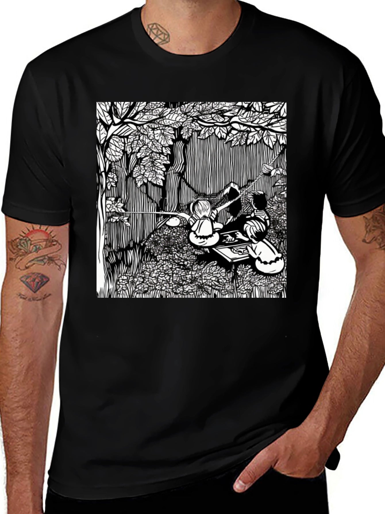 Unique Black T-Shirt with Detailed Graphic Design