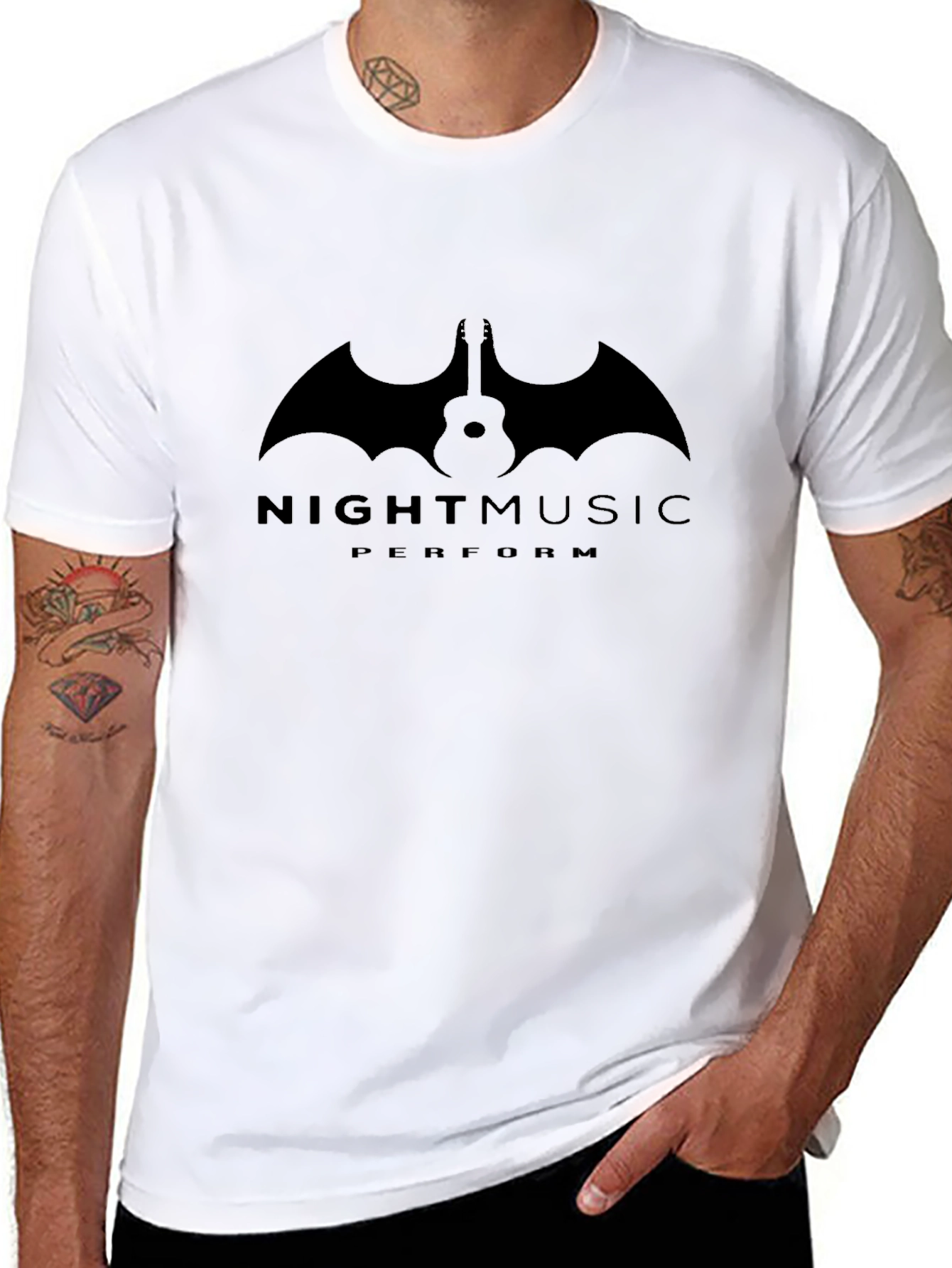 Night Music Guitar Bat Graphic T-Shirt