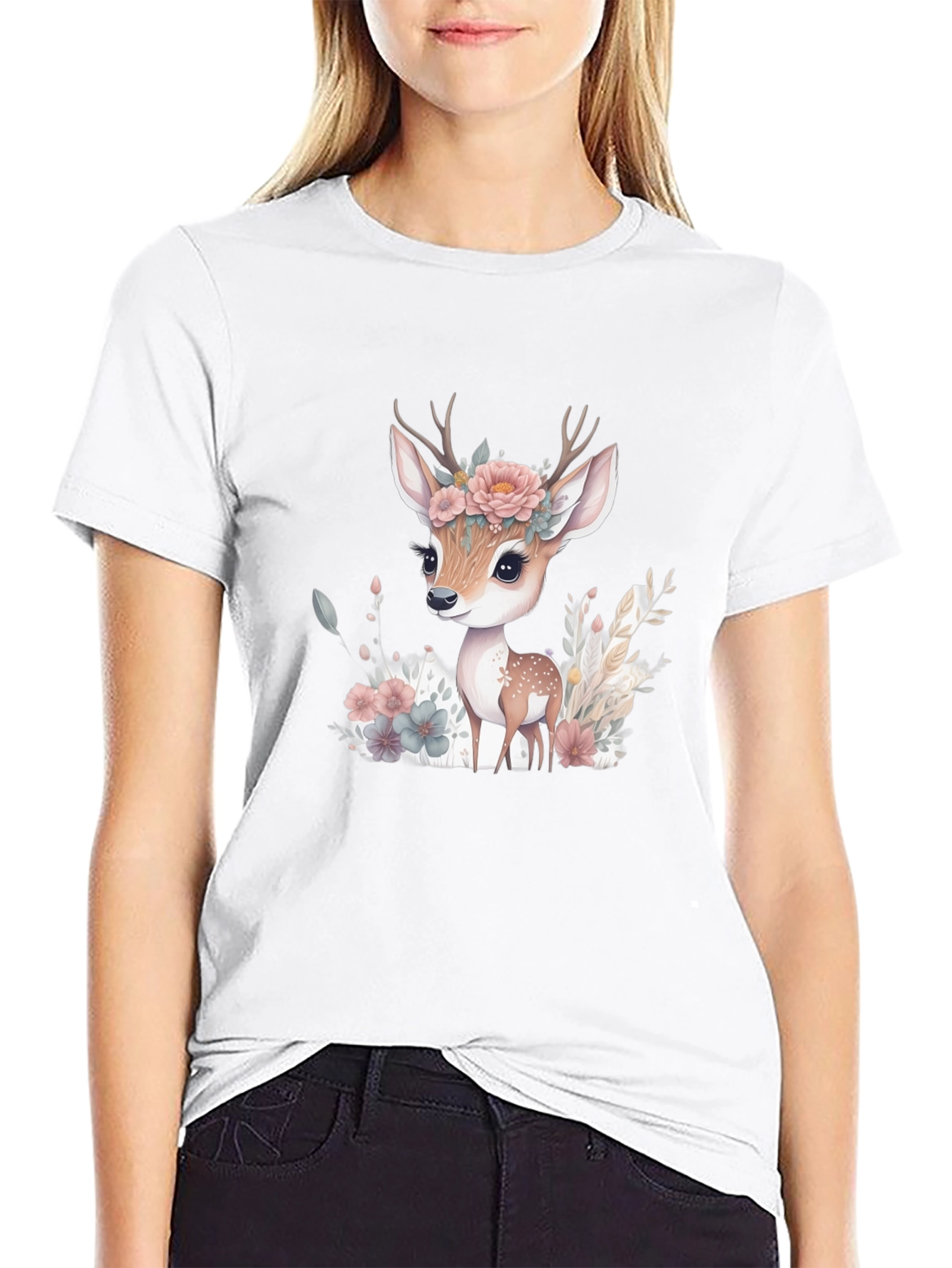 Floral Deer Graphic Tee - Mens Black T-Shirt
