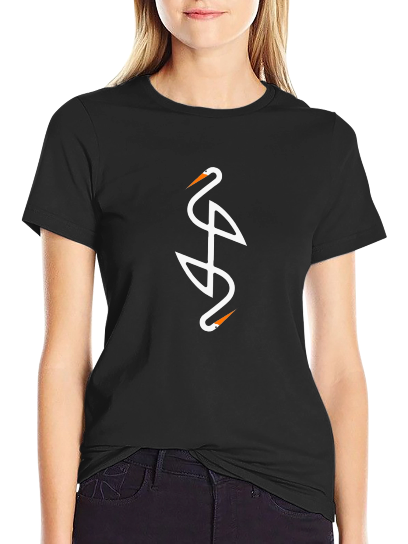 Elegant Crane Design Black T-Shirt