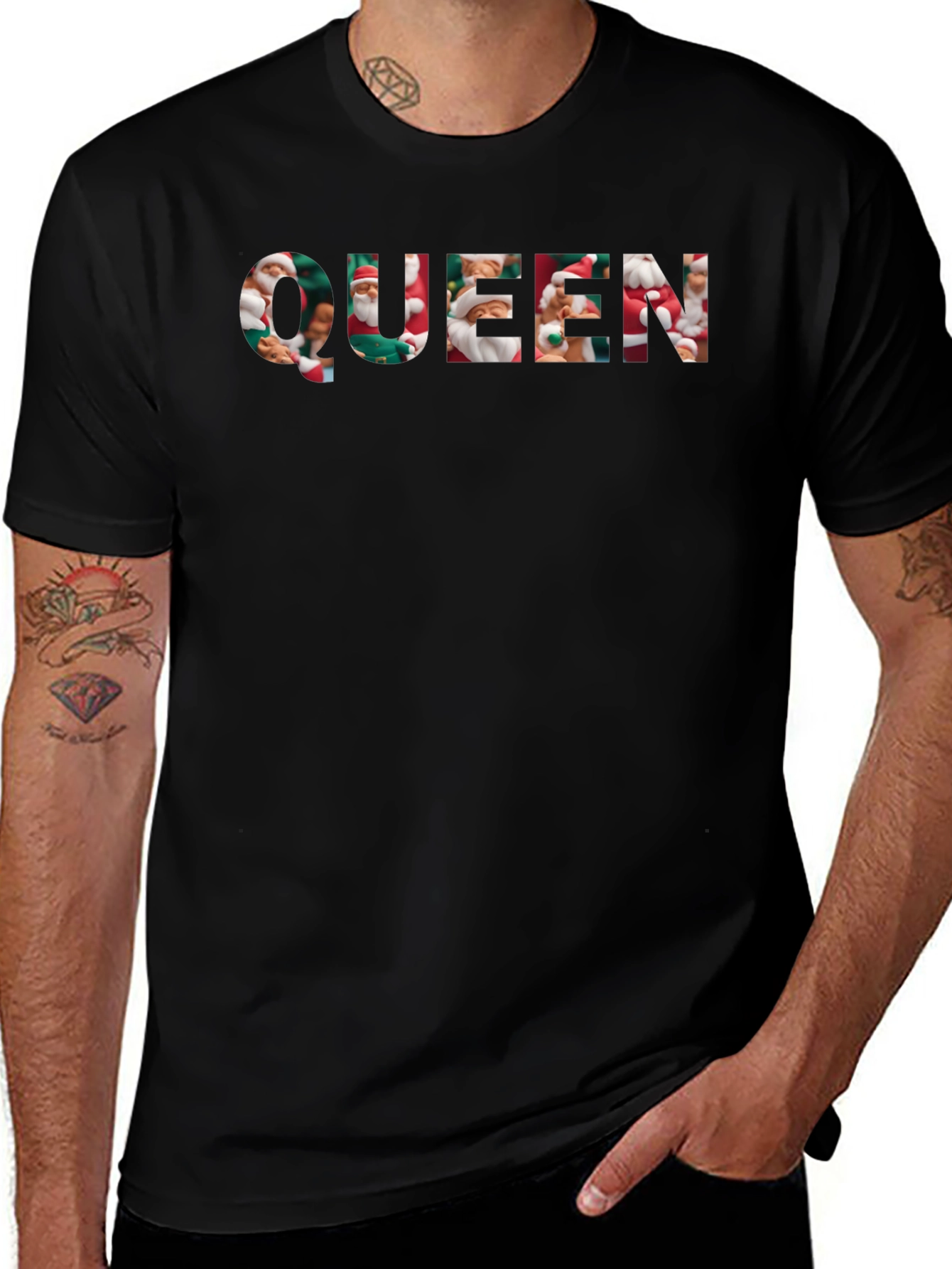 Queen Santa Print Black T-Shirt