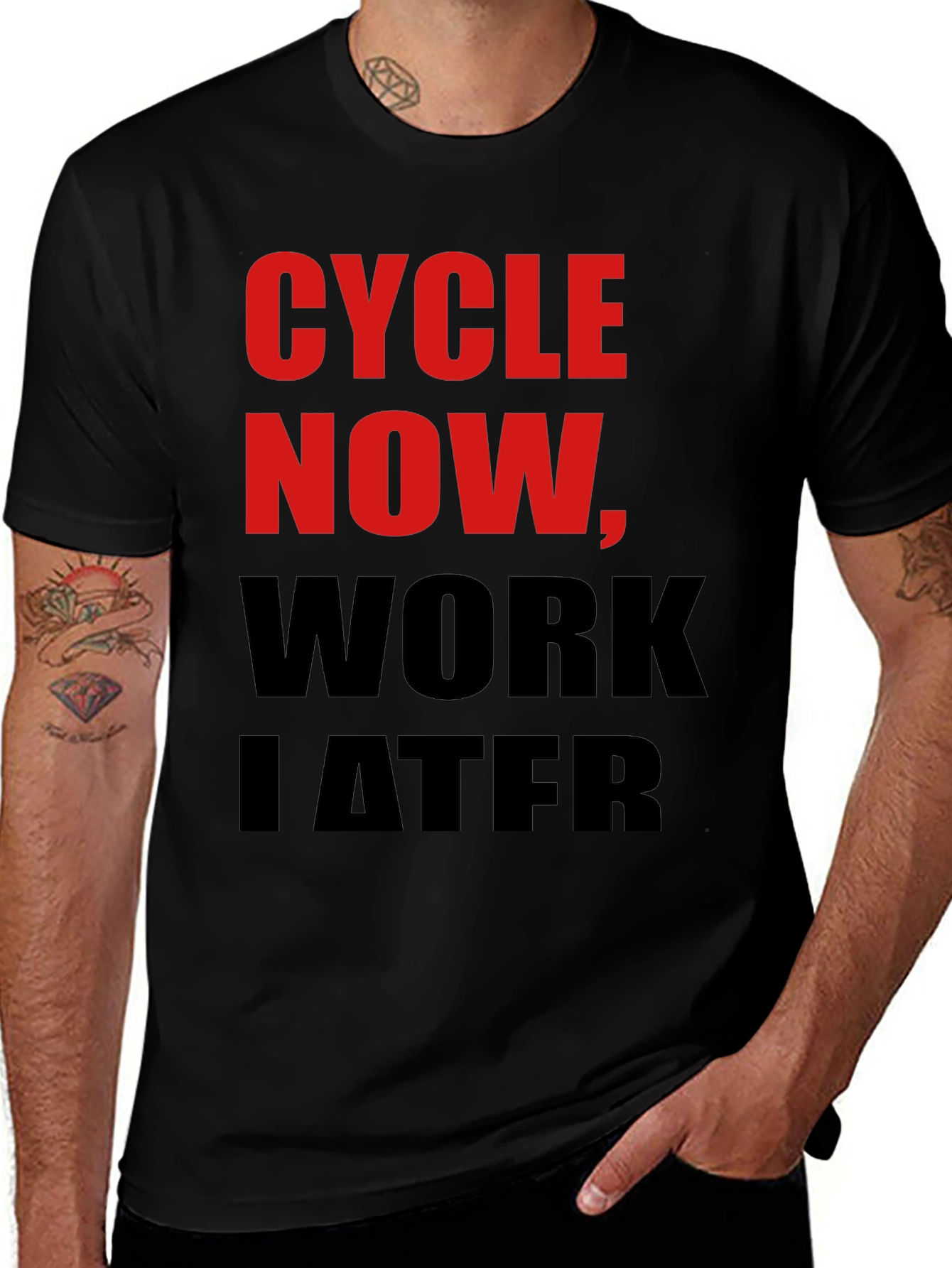 Cycle Now Work Later Black T-Shirt