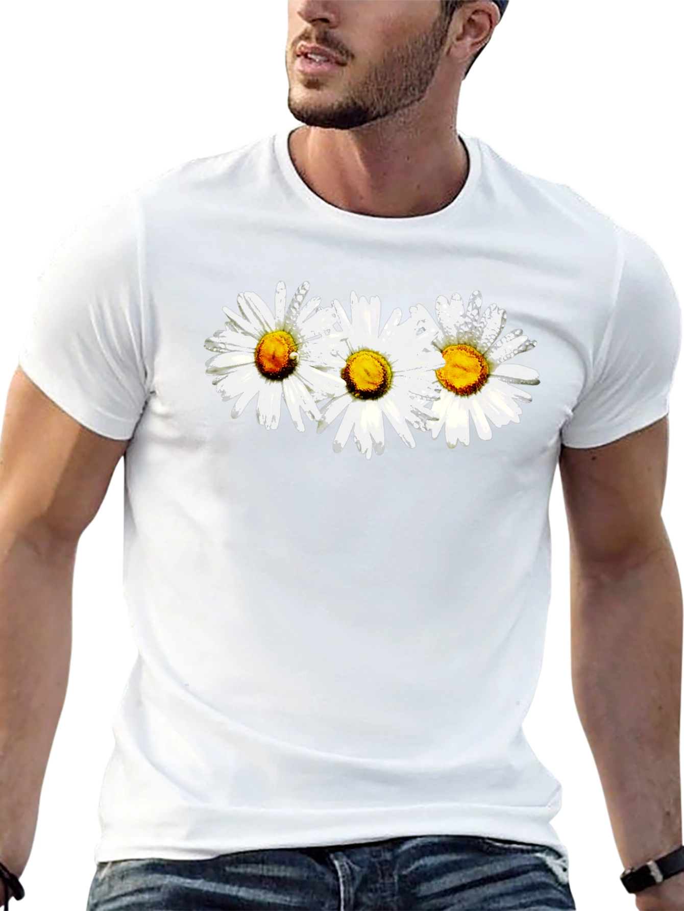 Daisy Flower Graphic Print Black Crew Neck T-Shirt