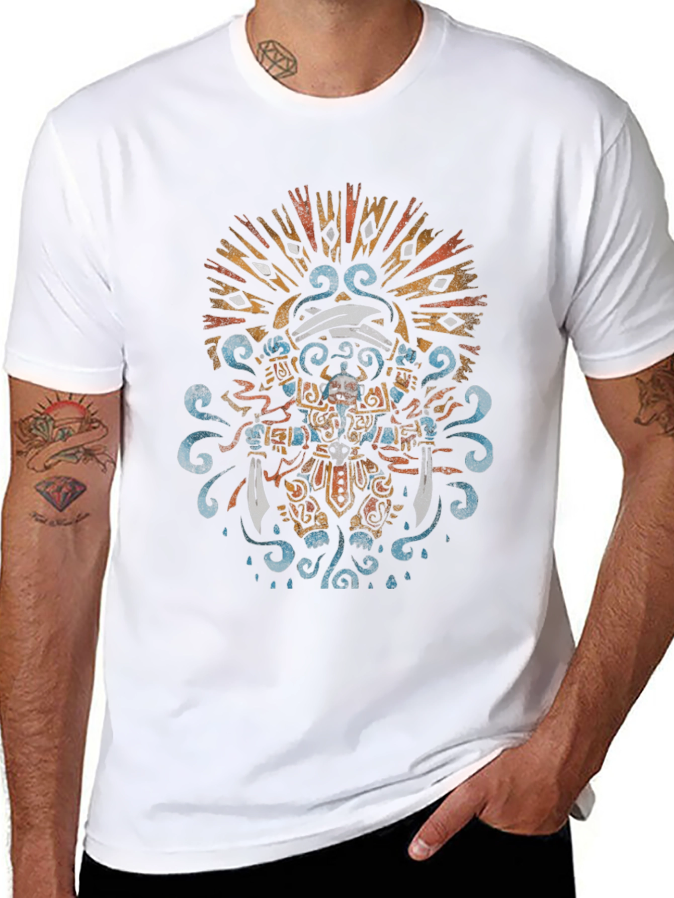 Aztec Warrior Graphic Tee - Black Crewneck T-Shirt