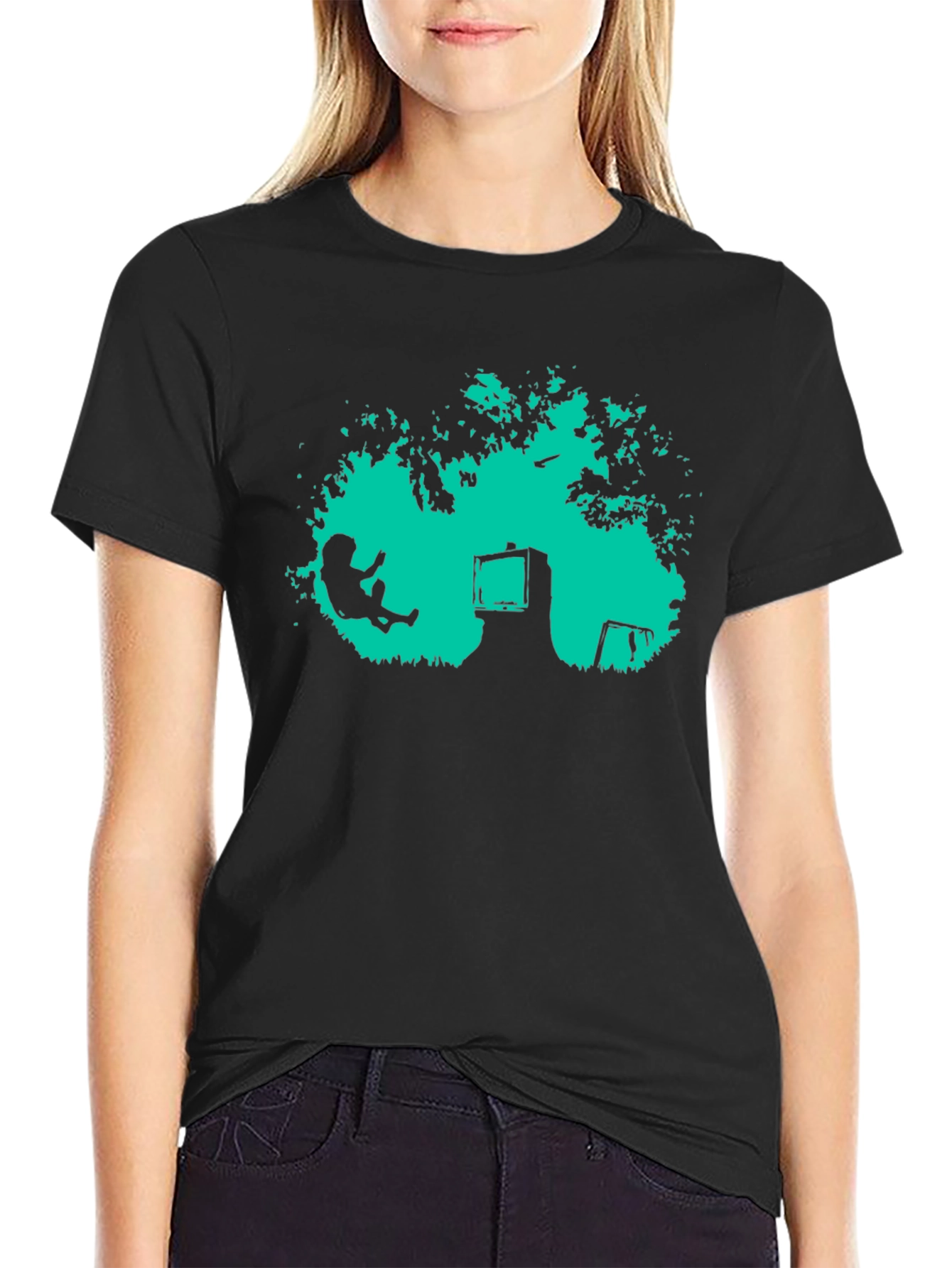 Retro TV Tree Swing Black T-Shirt