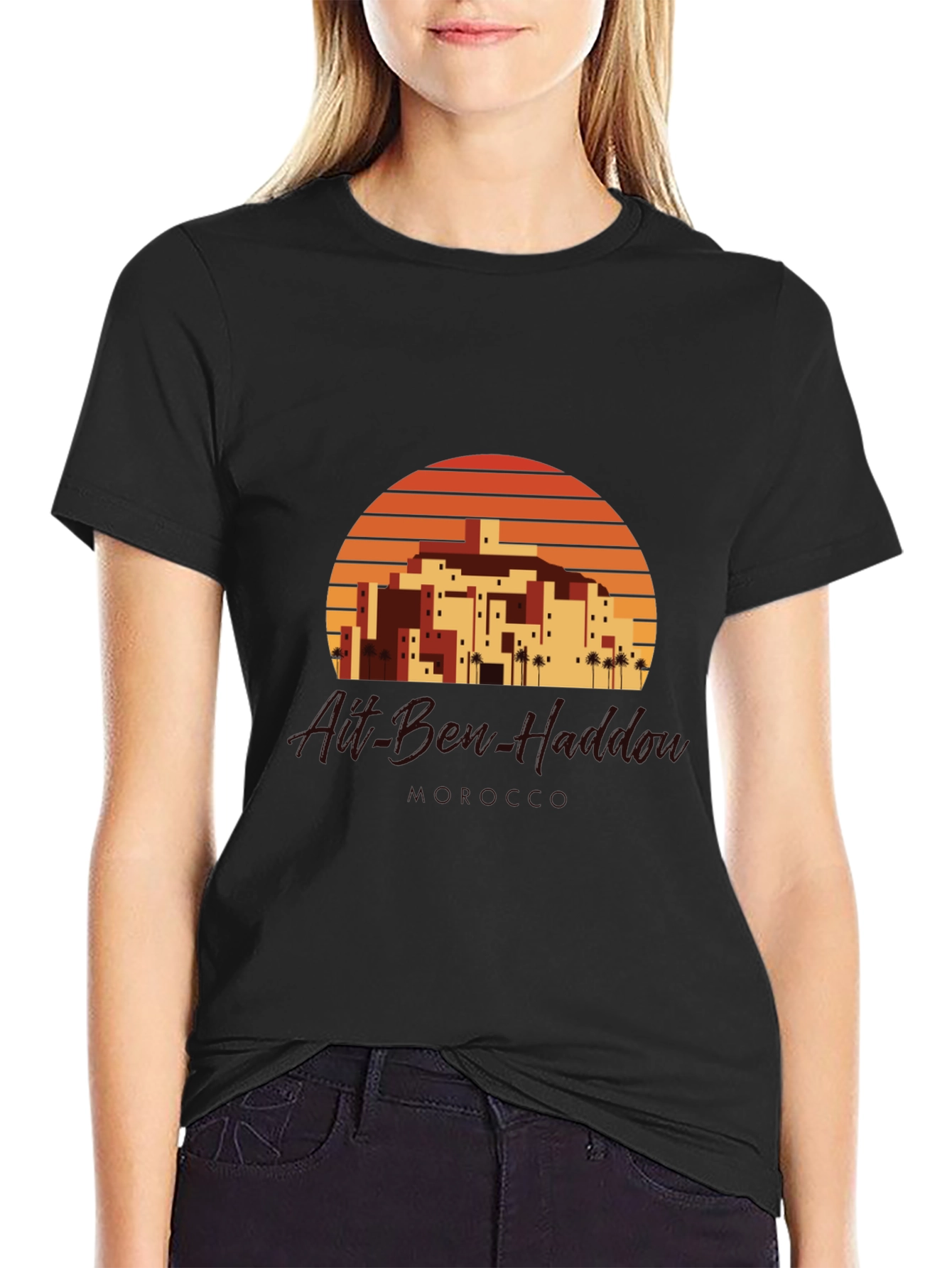 Retro Sunset Village Graphic Tee - Black