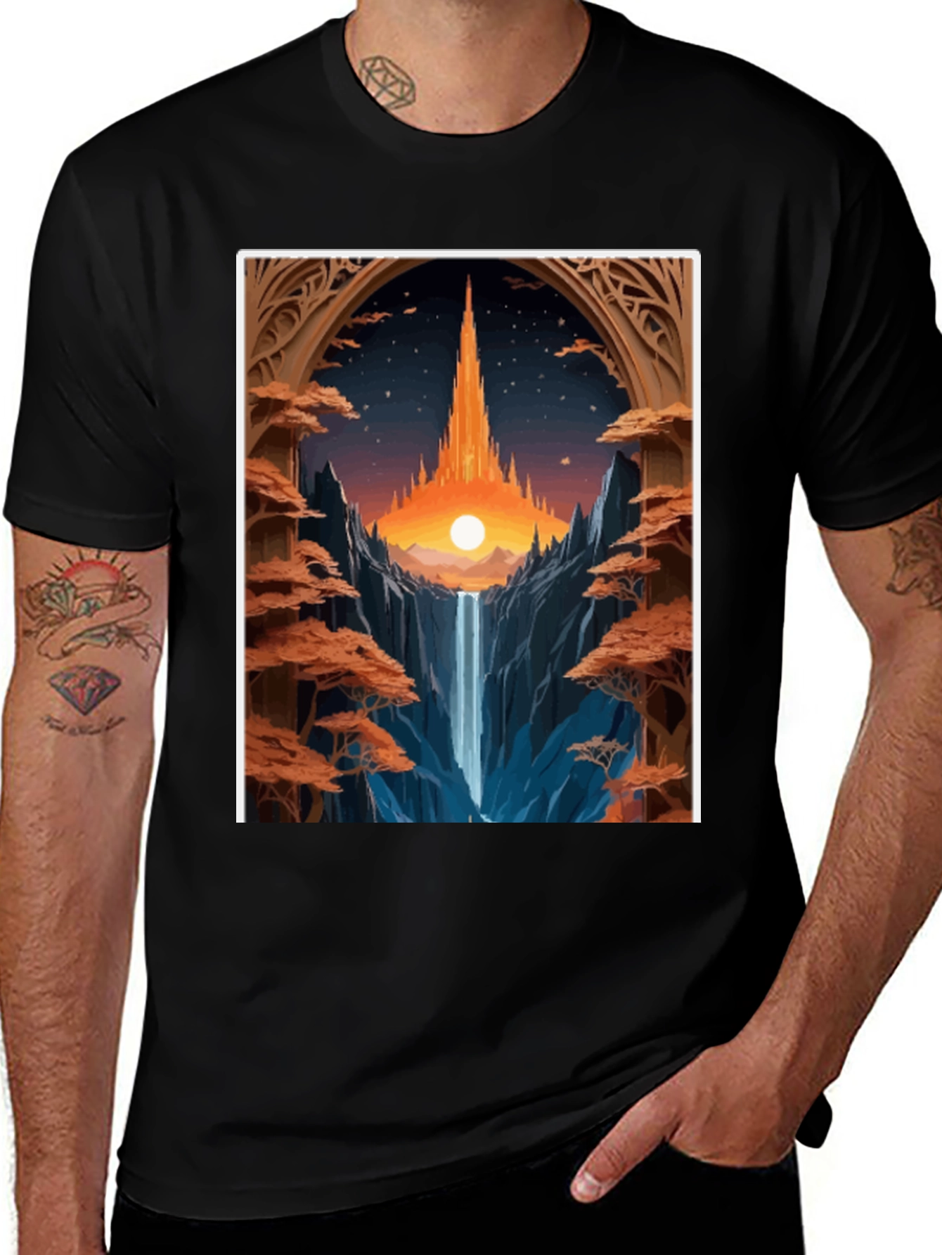 Fantasy Landscape Graphic Tee - Black Cotton Blend