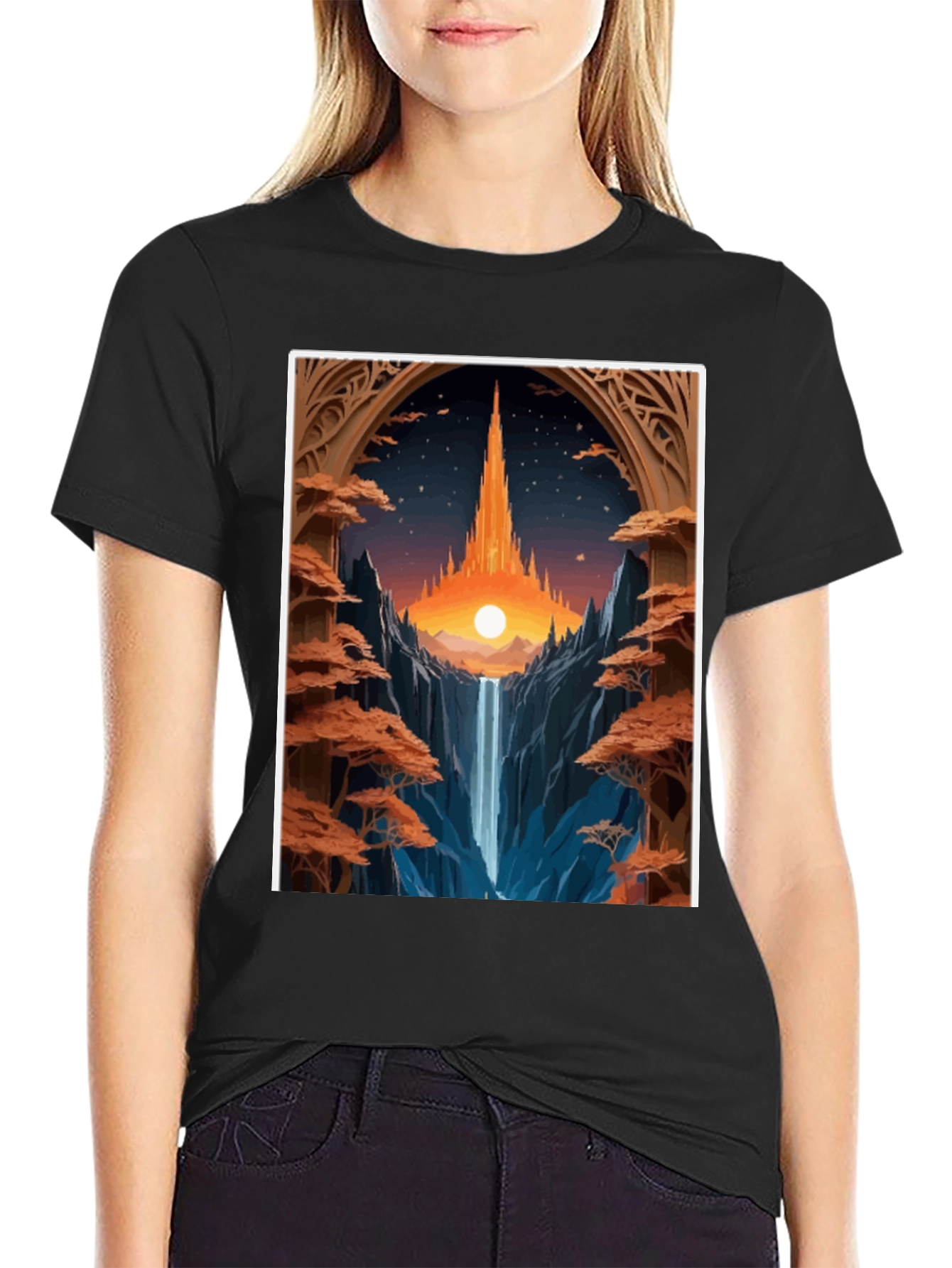 Fantasy Landscape Graphic Tee - Black Cotton Blend