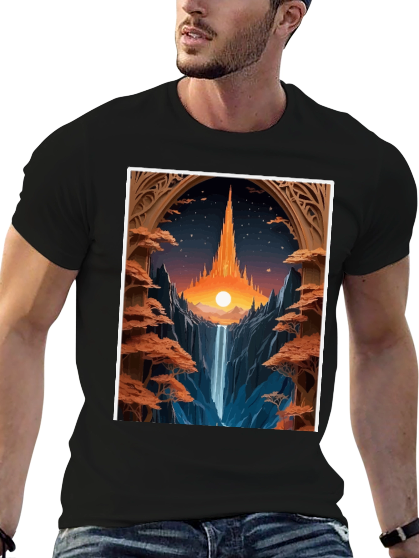Fantasy Landscape Graphic Tee - Black Cotton Blend