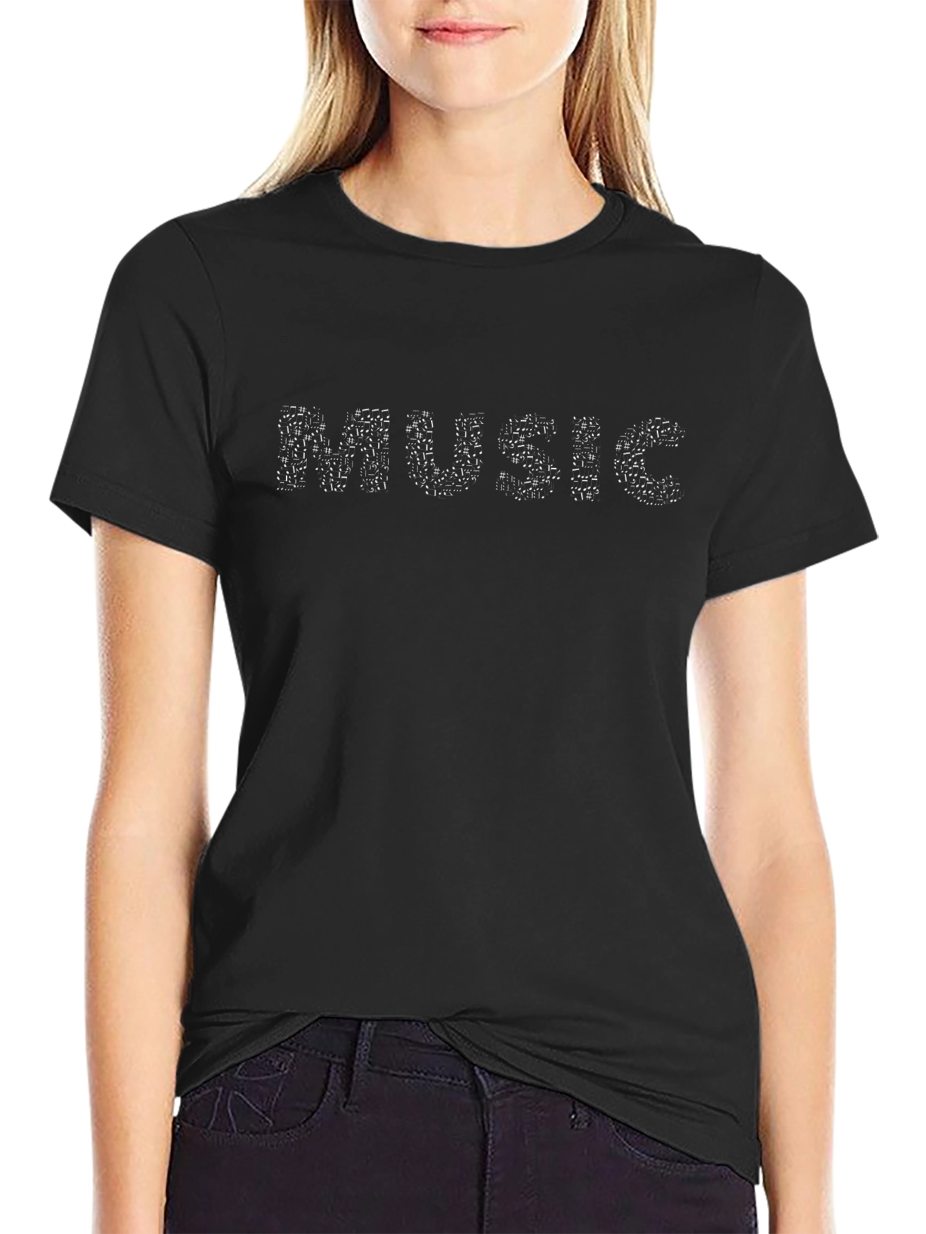 Music Notes Graphic Tee - Black Cotton T-Shirt