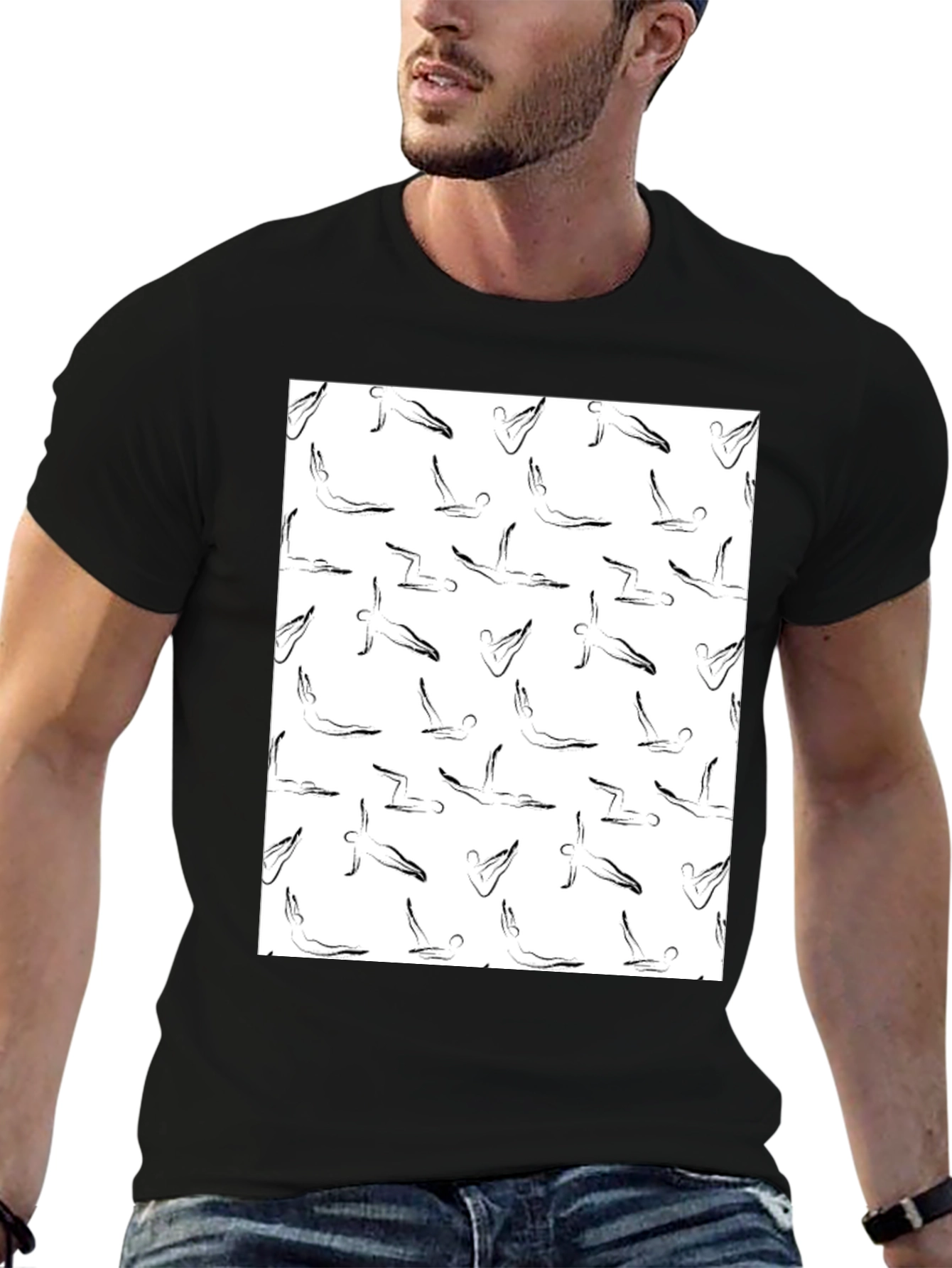 Yoga Pose Pattern T-Shirt - Black Cotton Tee