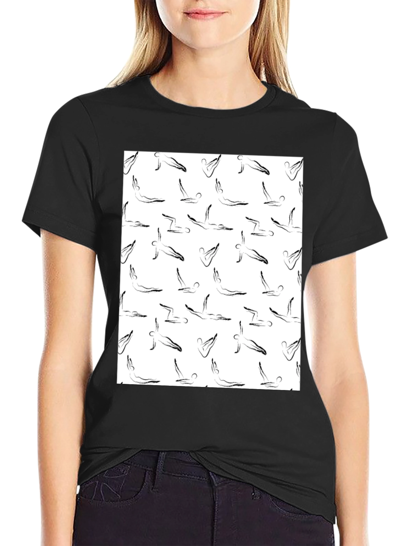 Yoga Pose Pattern T-Shirt - Black Cotton Tee