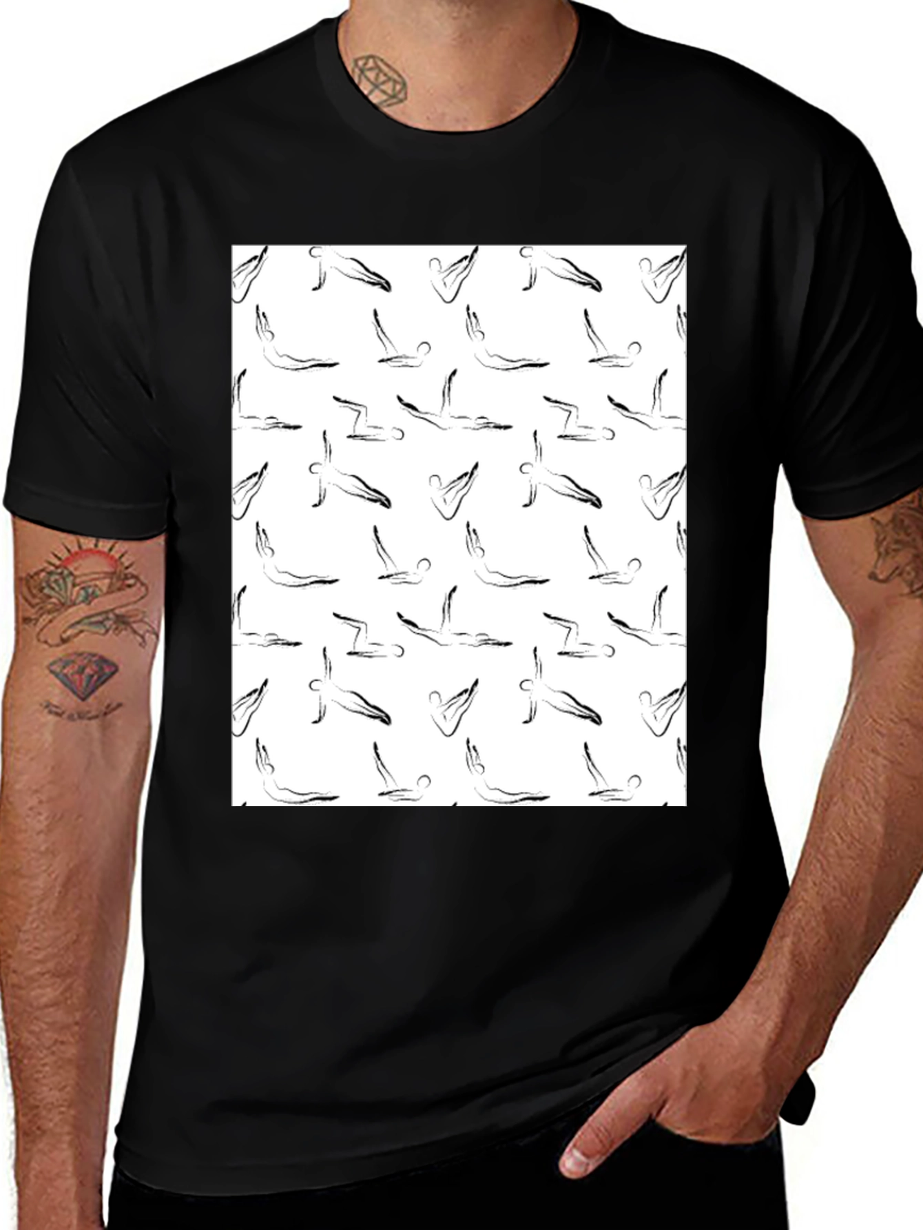 Yoga Pose Pattern T-Shirt - Black Cotton Tee