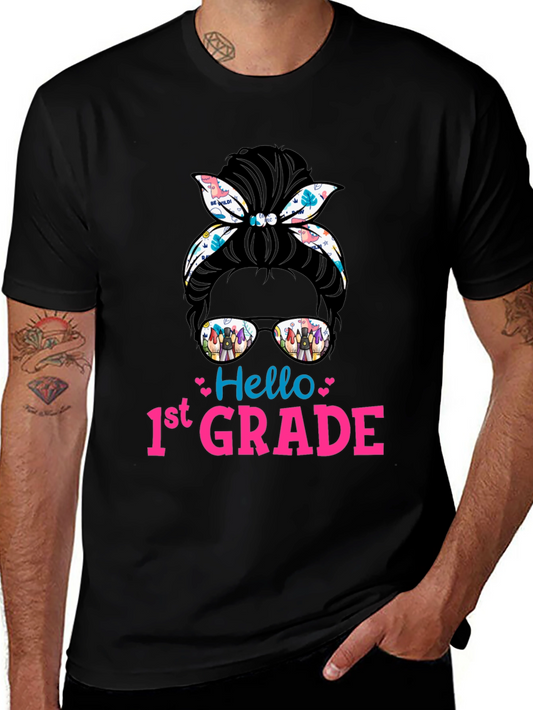 Hello 1st Grade Messy Bun T-Shirt