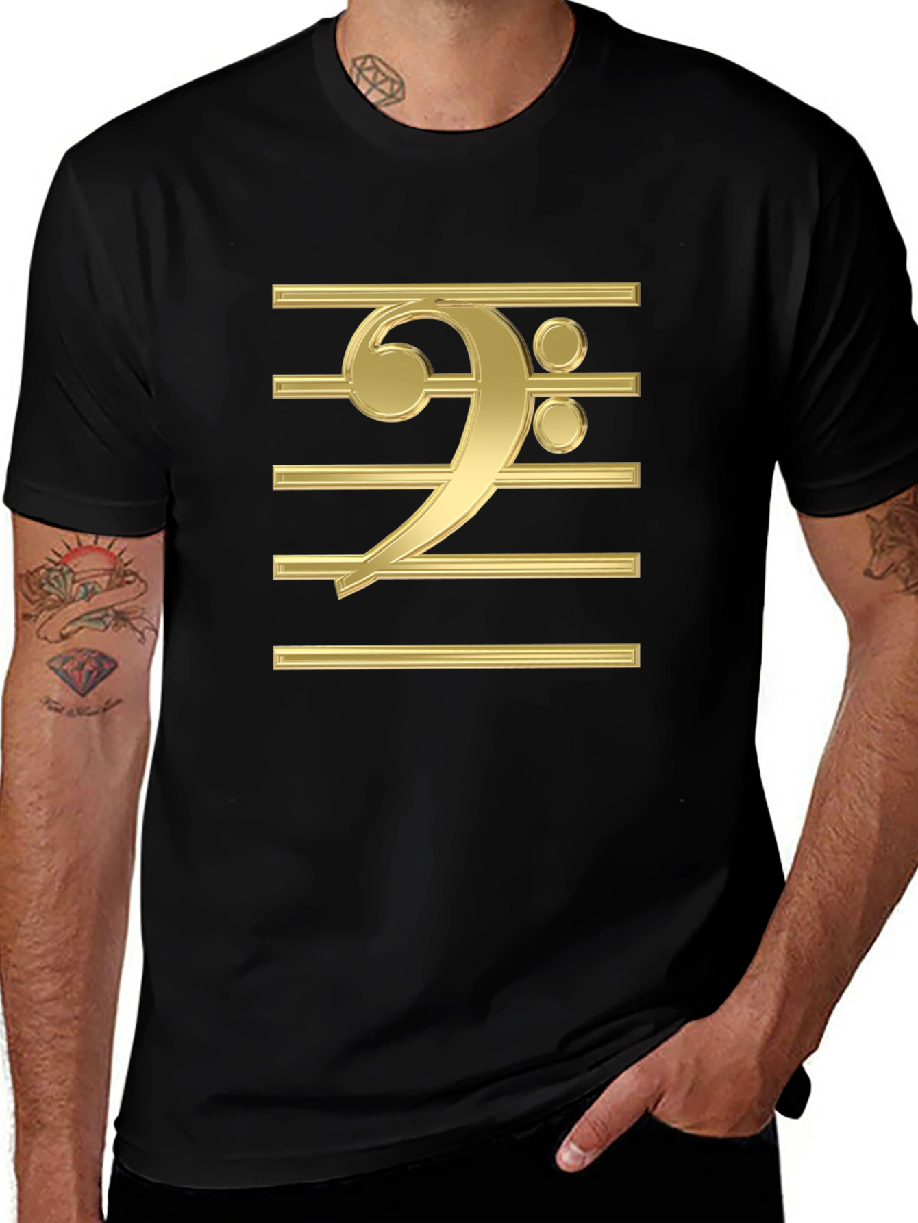 Bass Clef Gold Graphic Print Black T-Shirt