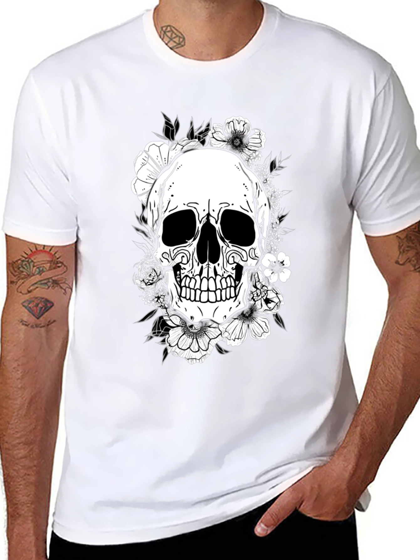 Floral Skull Graphic Tee - Black Cotton T-Shirt
