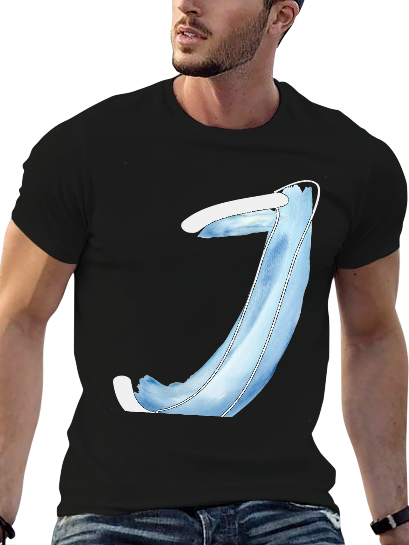 Mens Black T-Shirt with Blue Abstract Design