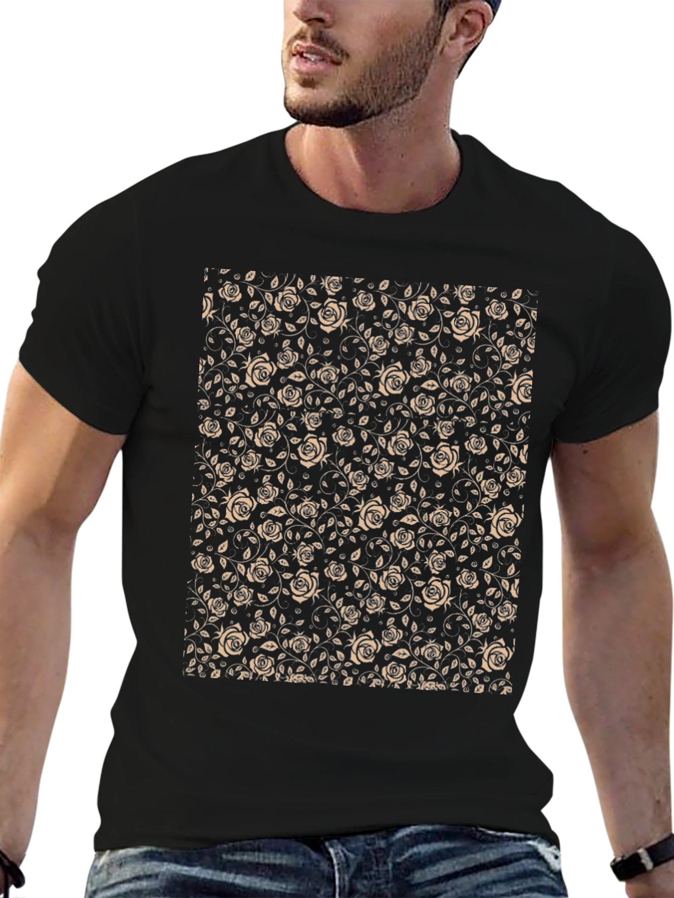 Floral Rose Print Black T-Shirt