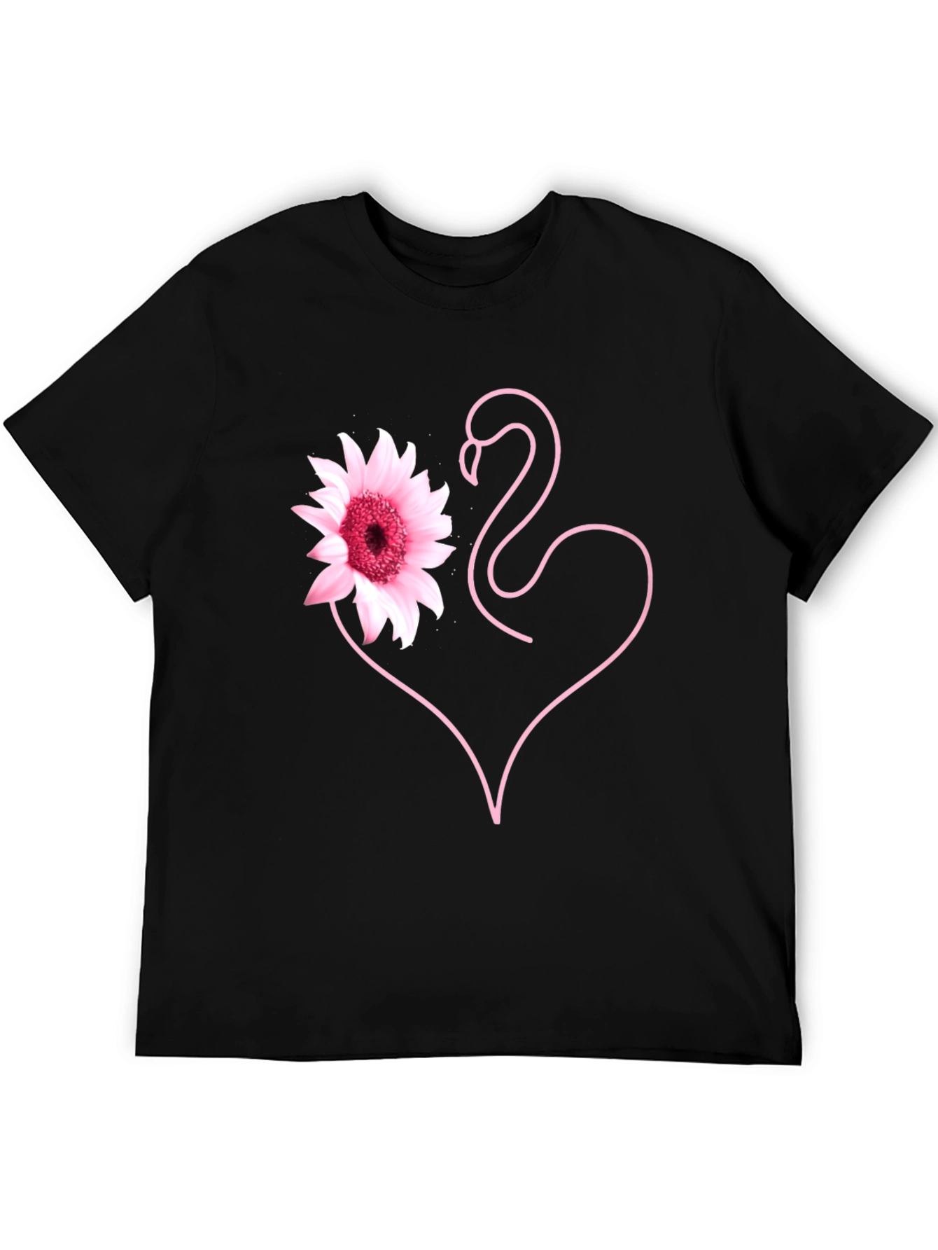 Pink Flamingo Flower Heart Black T-Shirt