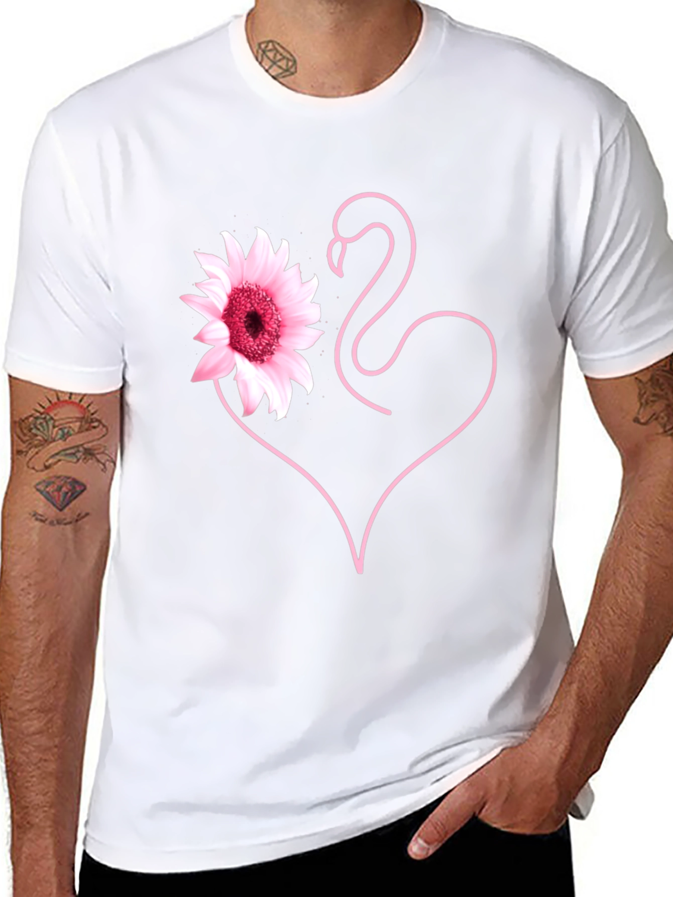 Pink Flamingo Flower Heart Black T-Shirt