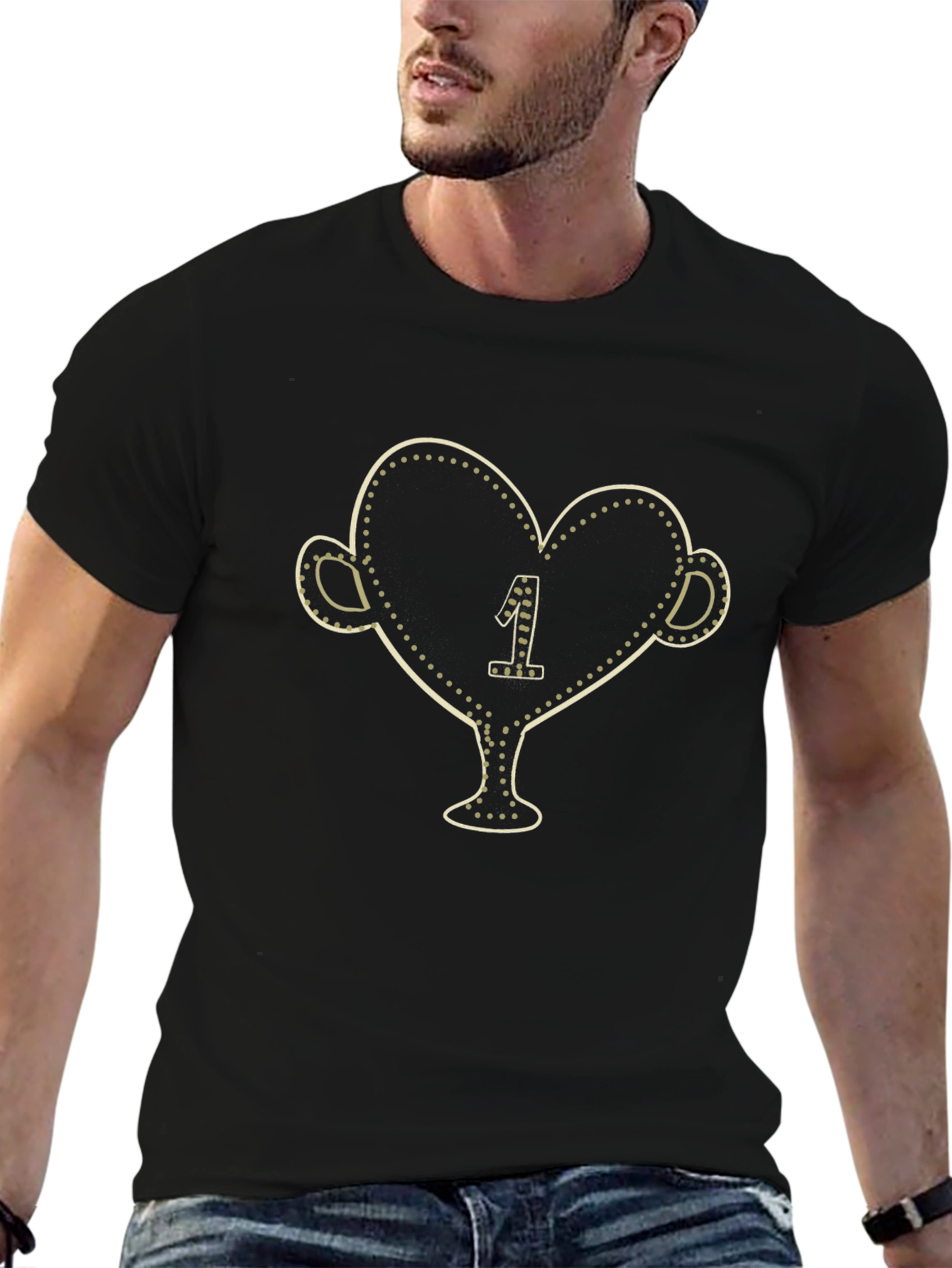 Black T-Shirt with Heart-Shaped Trophy Print