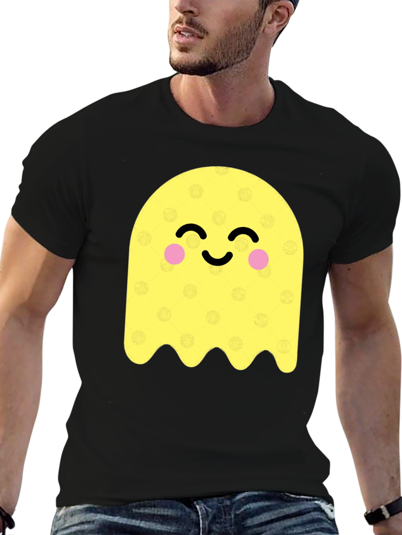 Cute Ghost Graphic Tee - Black Cotton Blend T-Shirt